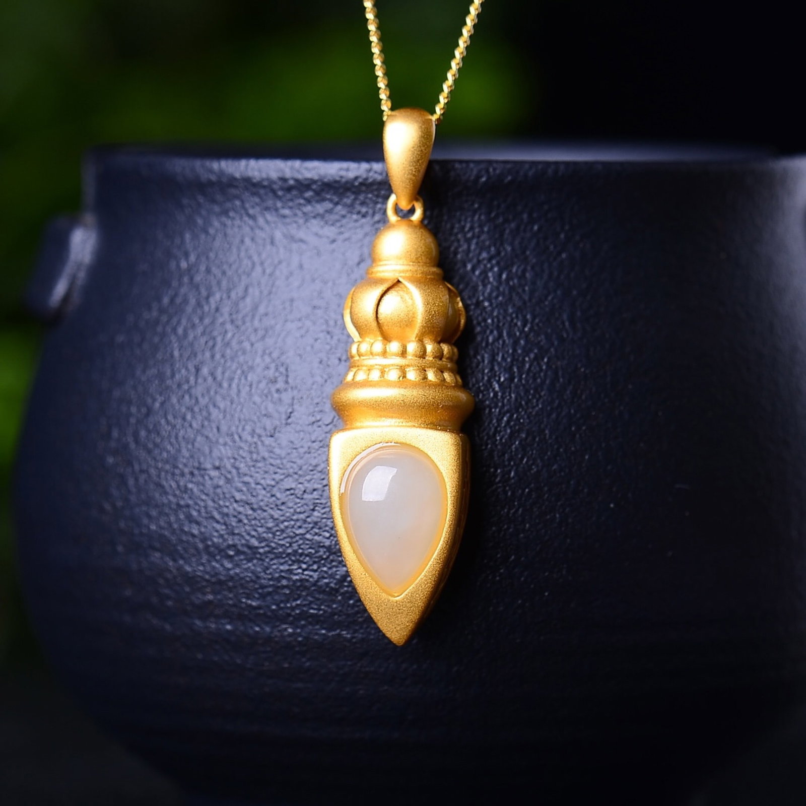 An Exquisite Sterling Silver-Gold Plated Inlaid White Jade Pendant - 2