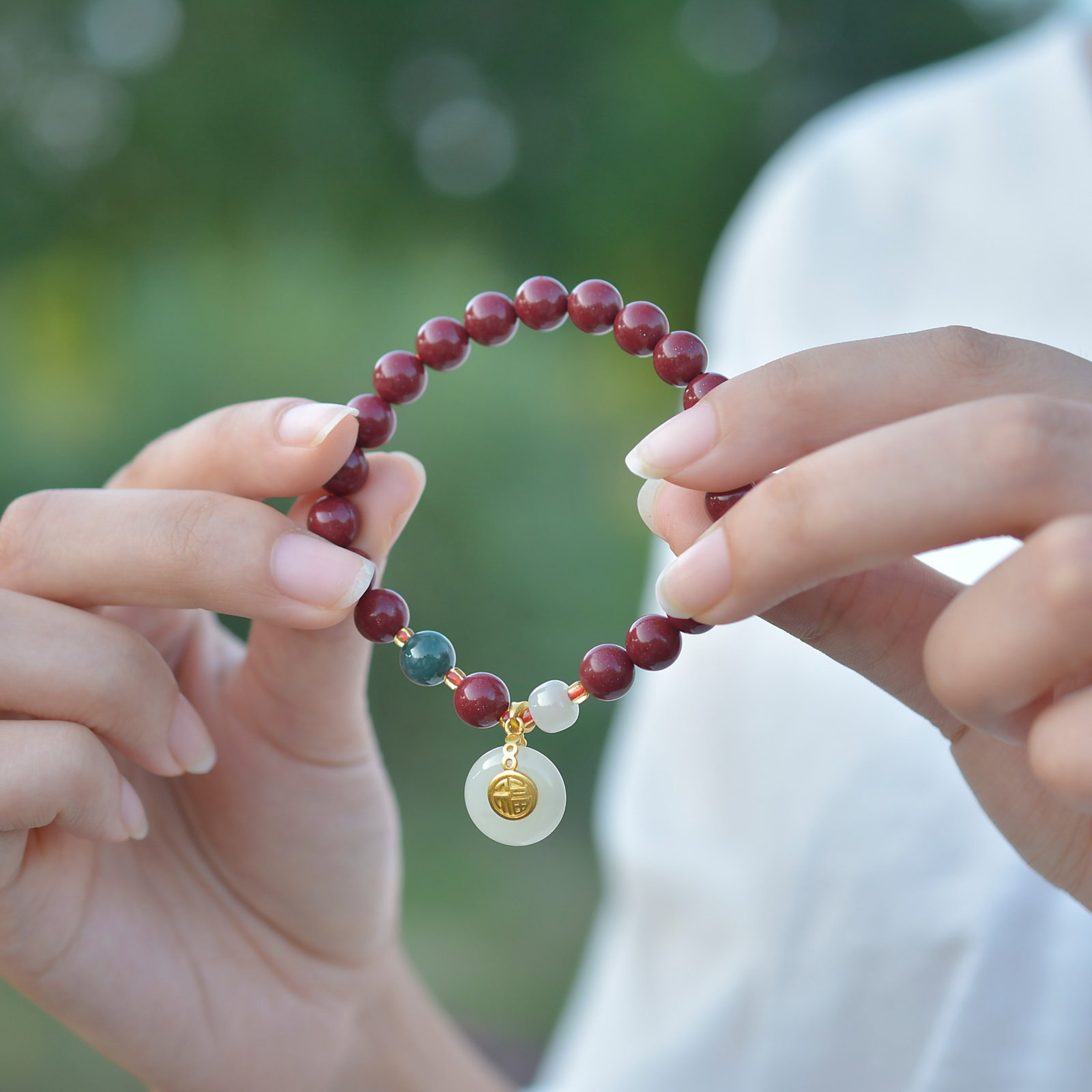 An Exquisite Cinnabar Bracelets,Inlaid White Jade - 6