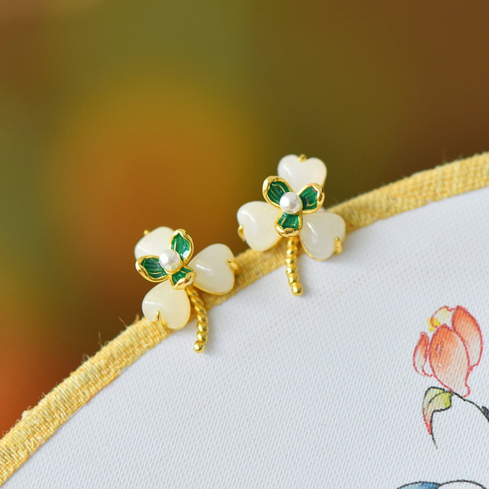 A Pair of Exquisite Sterling Silver-Gold Plated Inlaid White Jade Earrings,Inlaid Pearls - 3