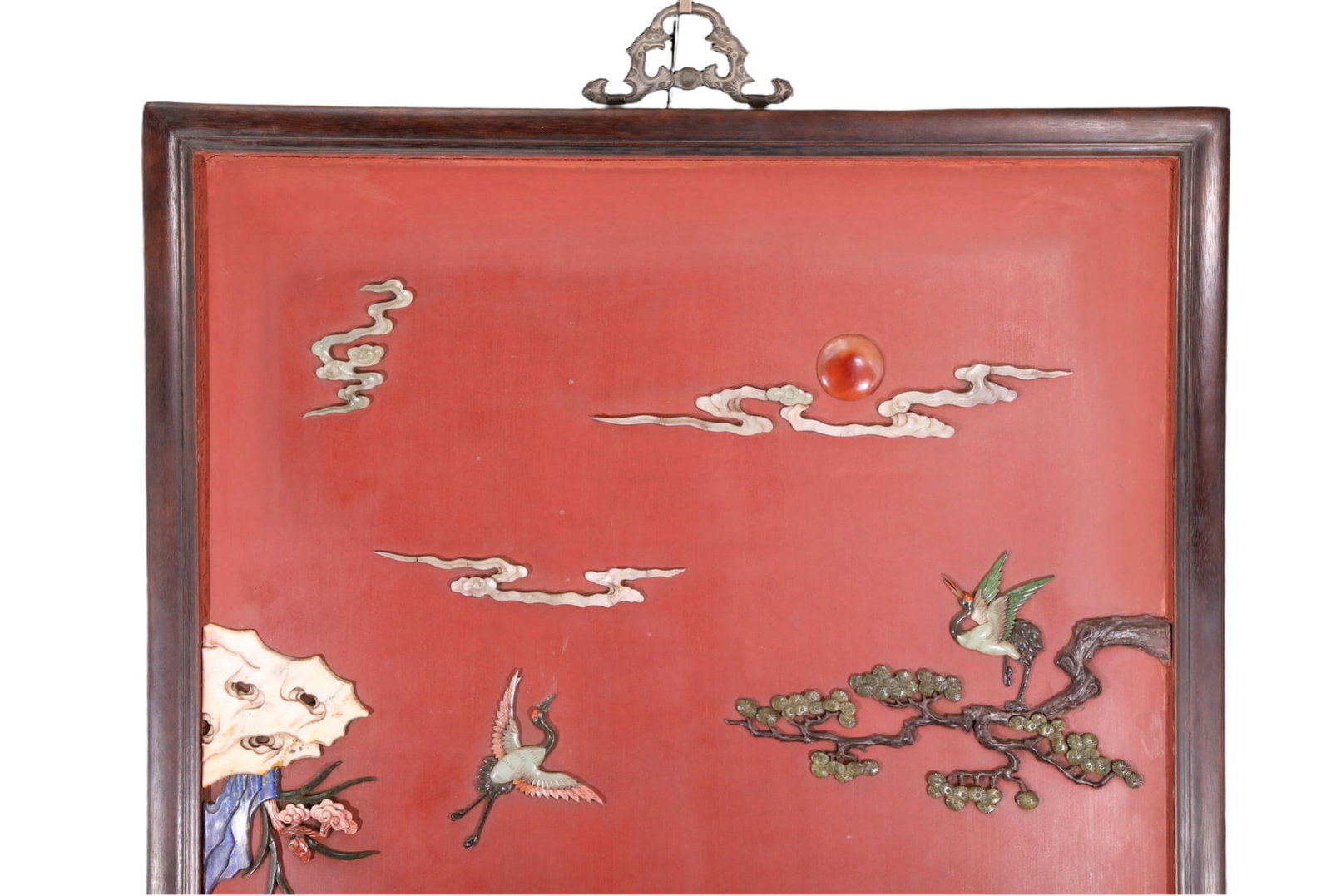 An exquisite zitanwood wood lacquer-embedded hanging screen with landscape, flower and bird patte... - 2