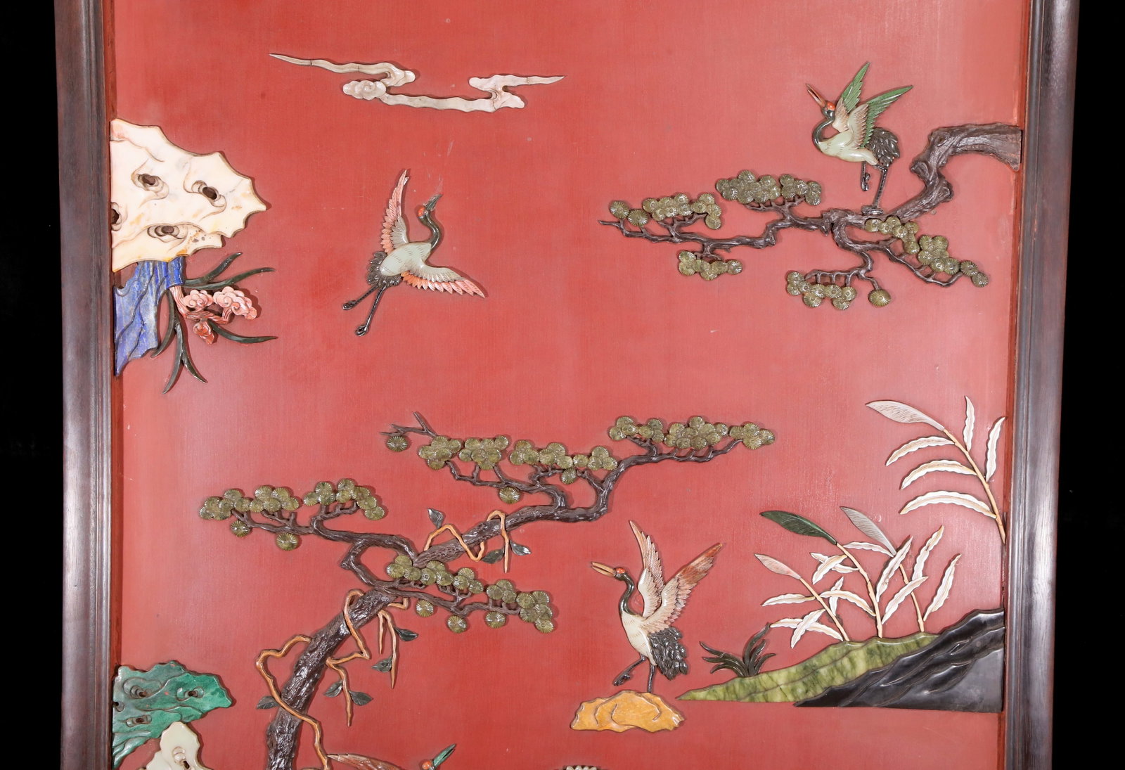 An exquisite zitanwood wood lacquer-embedded hanging screen with landscape, flower and bird patte... - 3