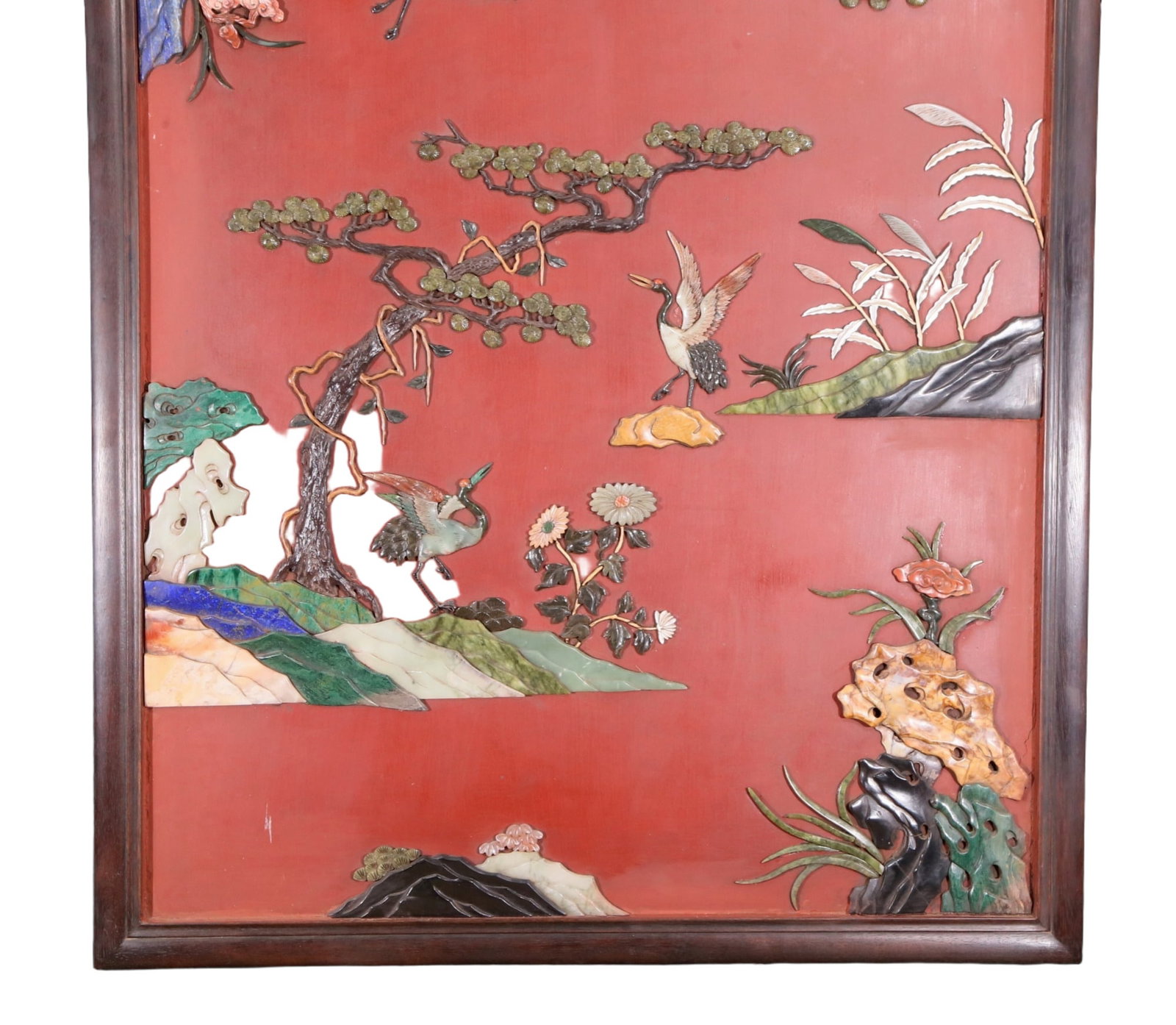 An exquisite zitanwood wood lacquer-embedded hanging screen with landscape, flower and bird patte... - 4