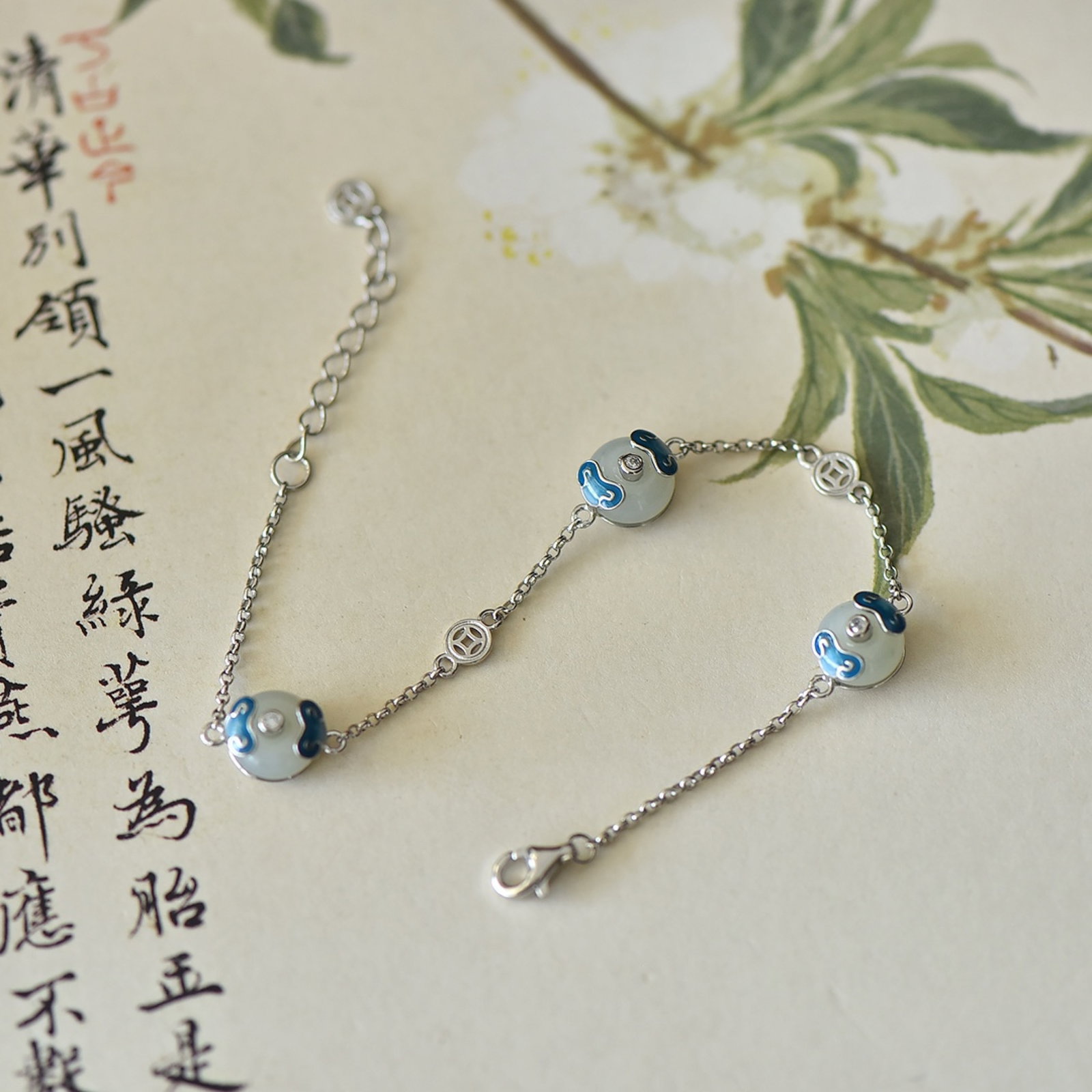 An Exquisite Sterling Silver Inlaid White Jade Enamel Bracelet - 3