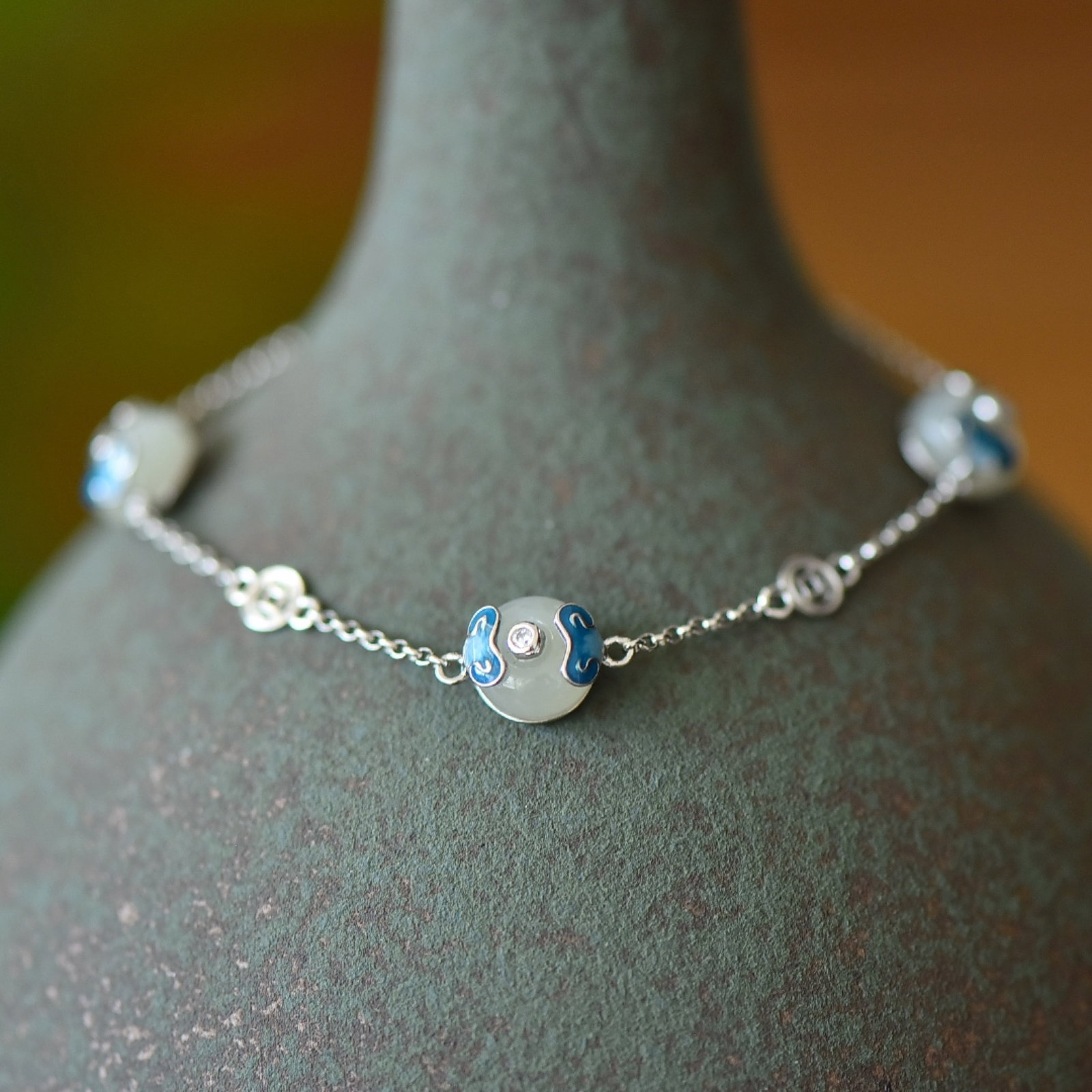 An Exquisite Sterling Silver Inlaid White Jade Enamel Bracelet - 5