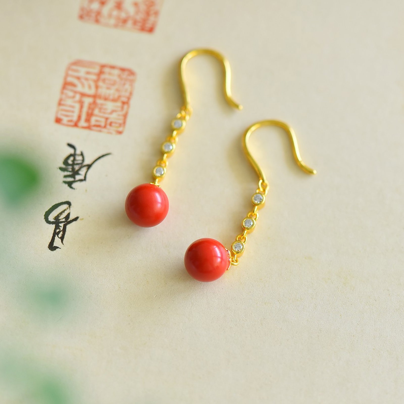 A Pair of Exquisite Sterling Silver-Gold Plated Inlaid Cinnabar Earrings,Inlaid Diamond - 2