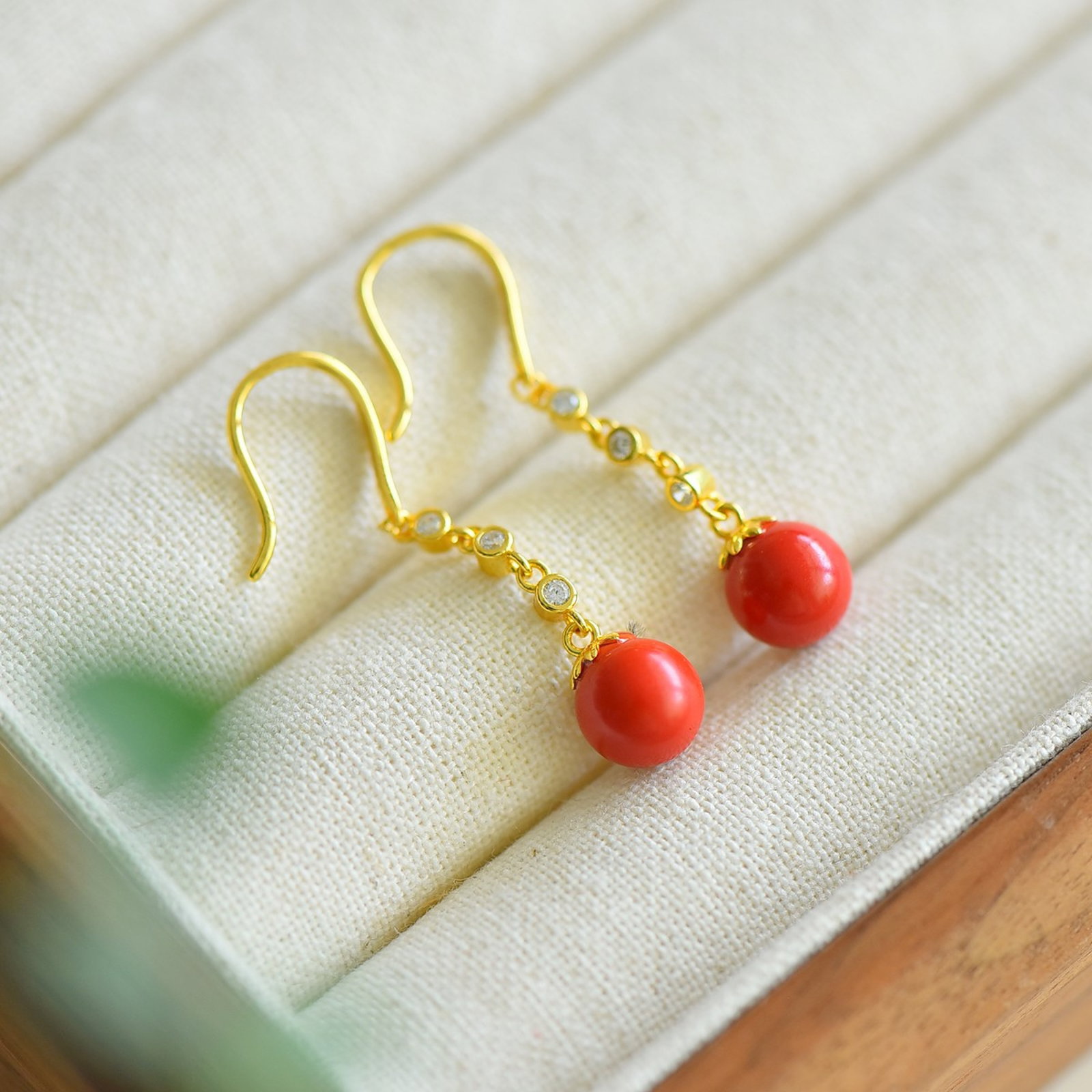 A Pair of Exquisite Sterling Silver-Gold Plated Inlaid Cinnabar Earrings,Inlaid Diamond - 3