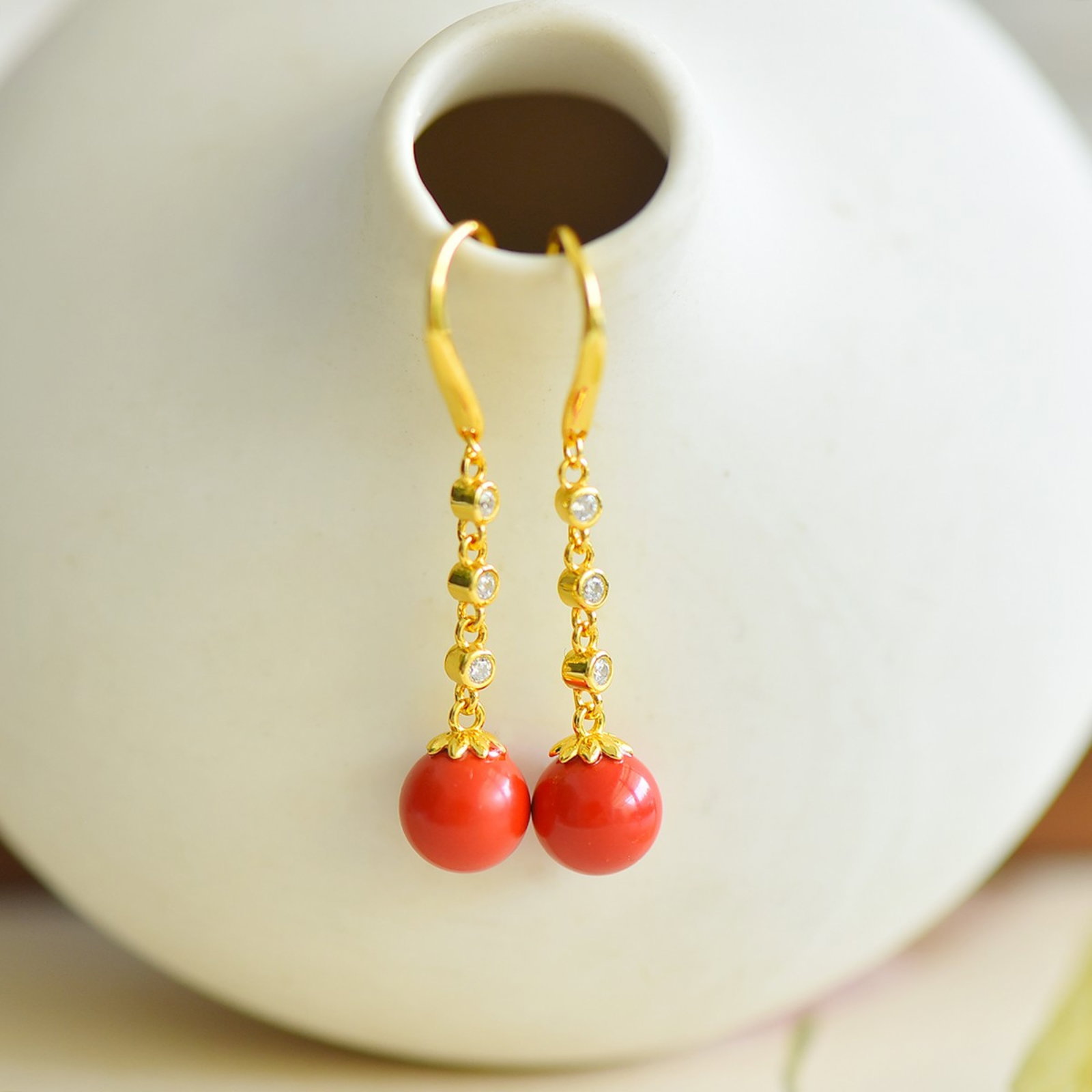 A Pair of Exquisite Sterling Silver-Gold Plated Inlaid Cinnabar Earrings,Inlaid Diamond - 4