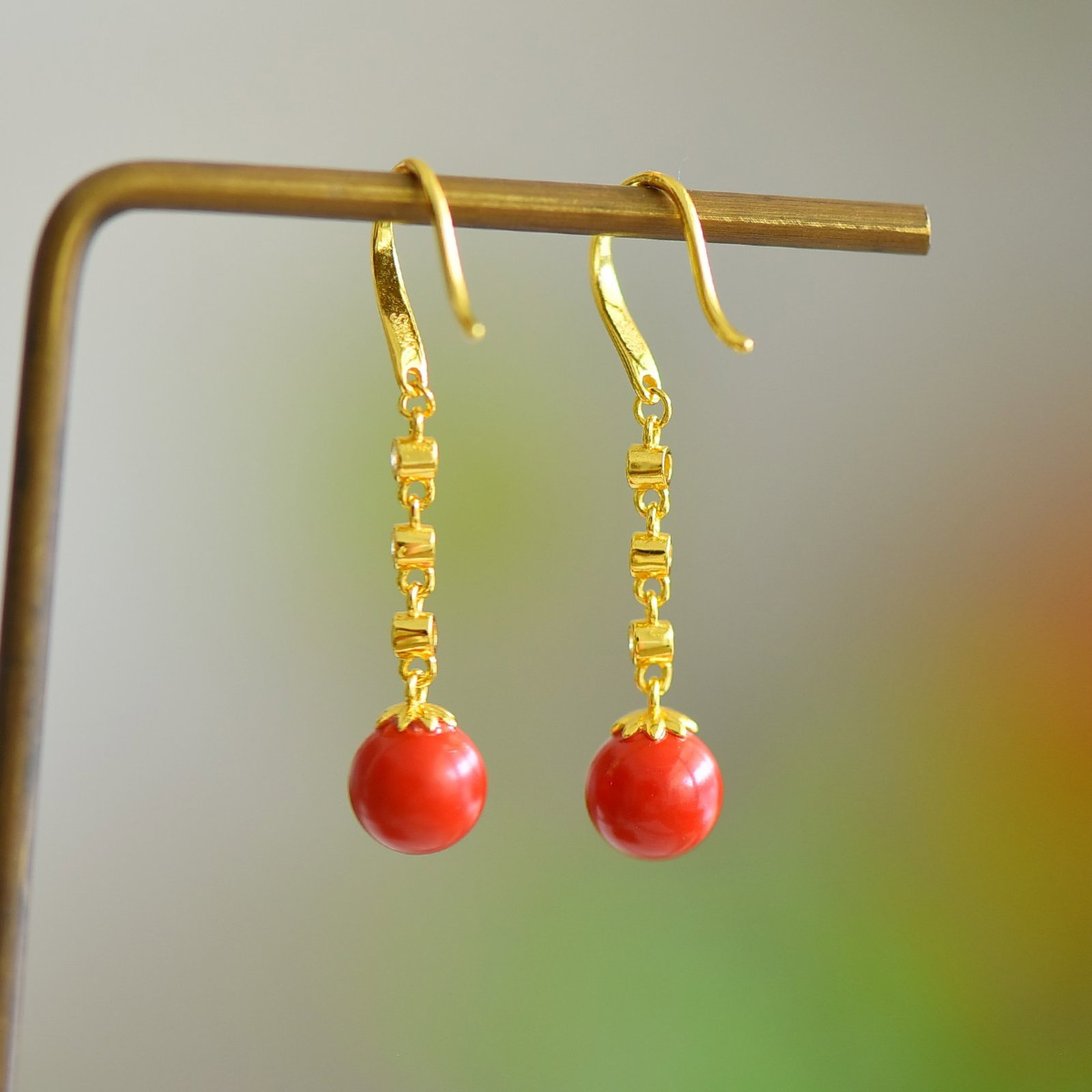 A Pair of Exquisite Sterling Silver-Gold Plated Inlaid Cinnabar Earrings,Inlaid Diamond - 5