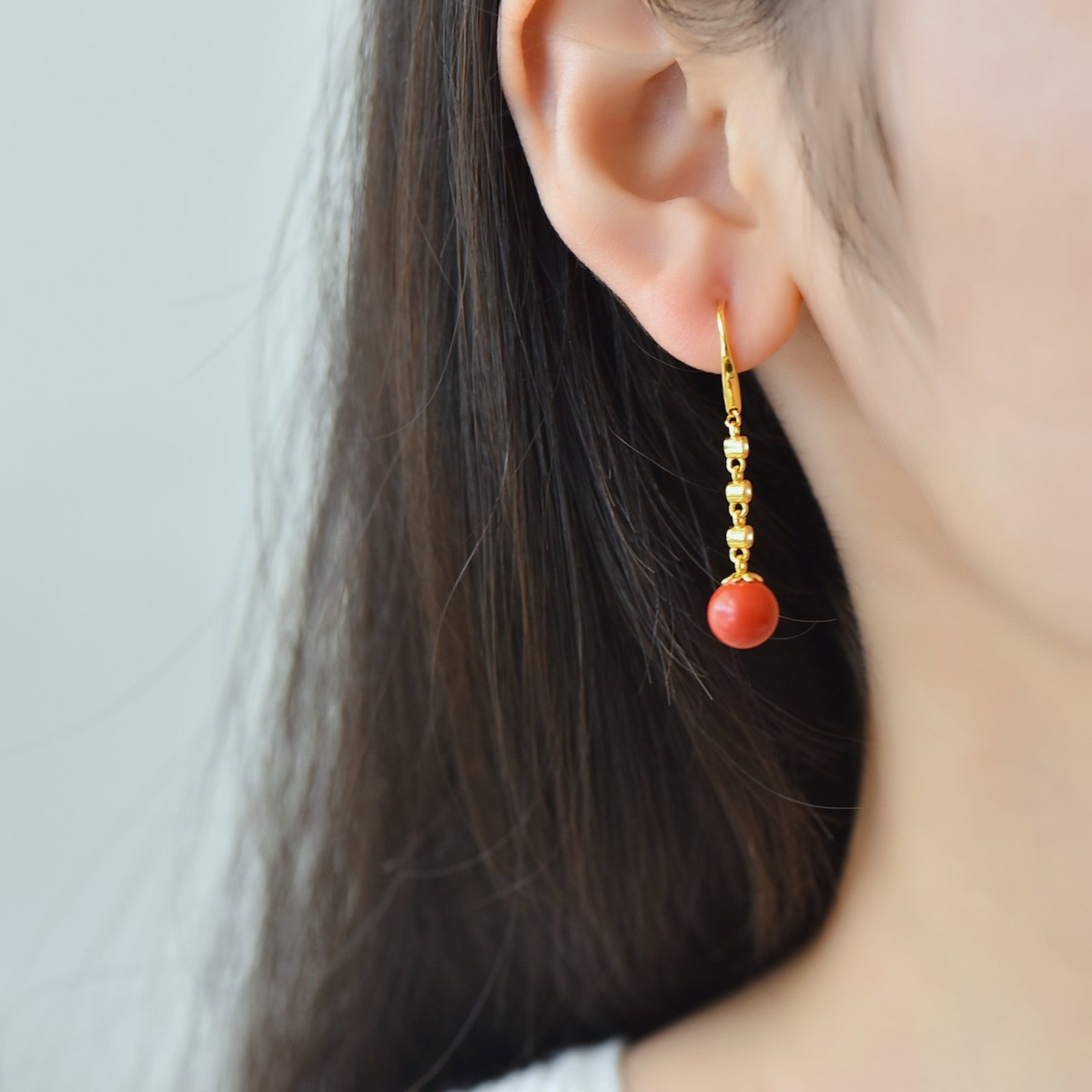 A Pair of Exquisite Sterling Silver-Gold Plated Inlaid Cinnabar Earrings,Inlaid Diamond - 6