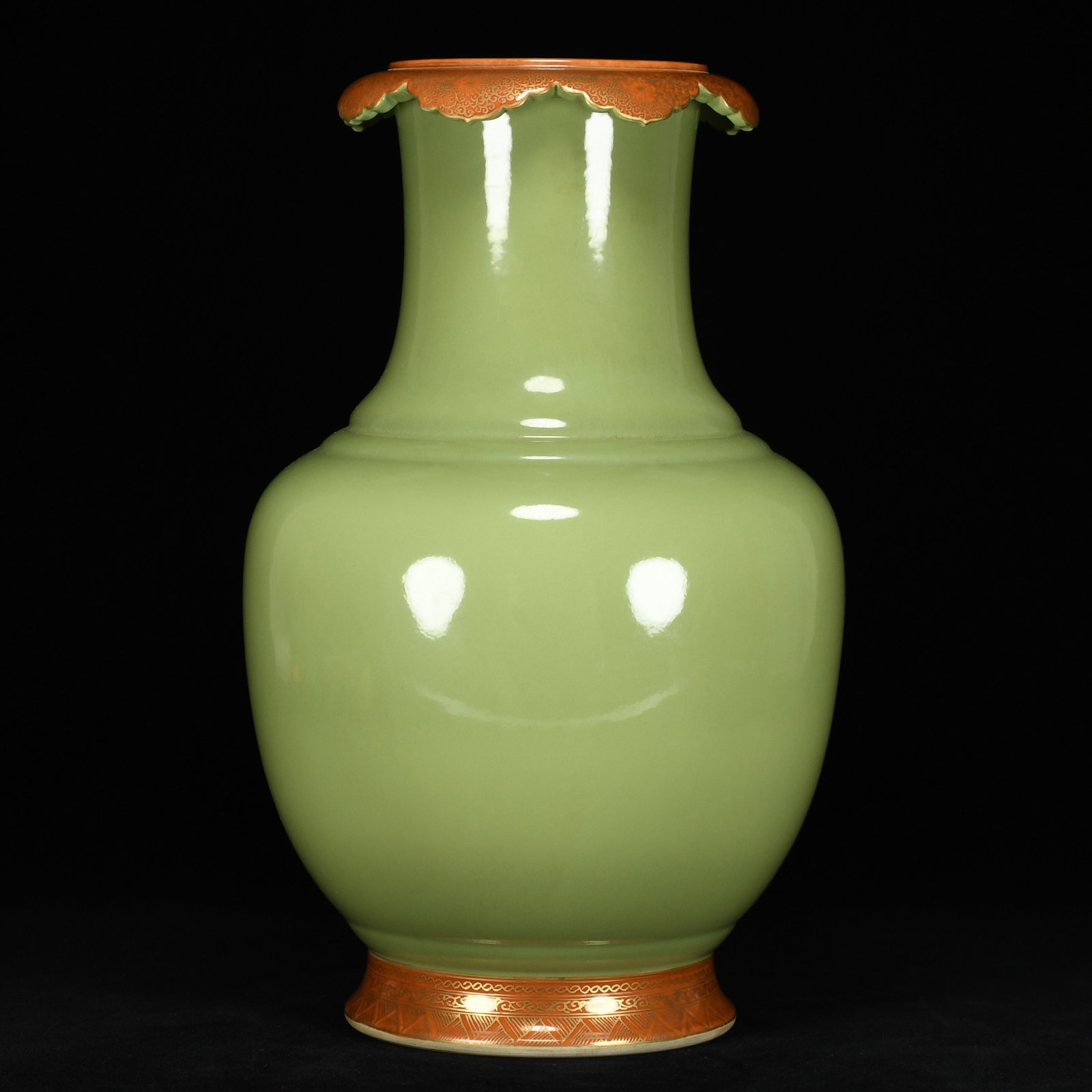 A Rare Guan yao Celadon Glazed Iron-Red Painted Gold Vase (1 of 9)