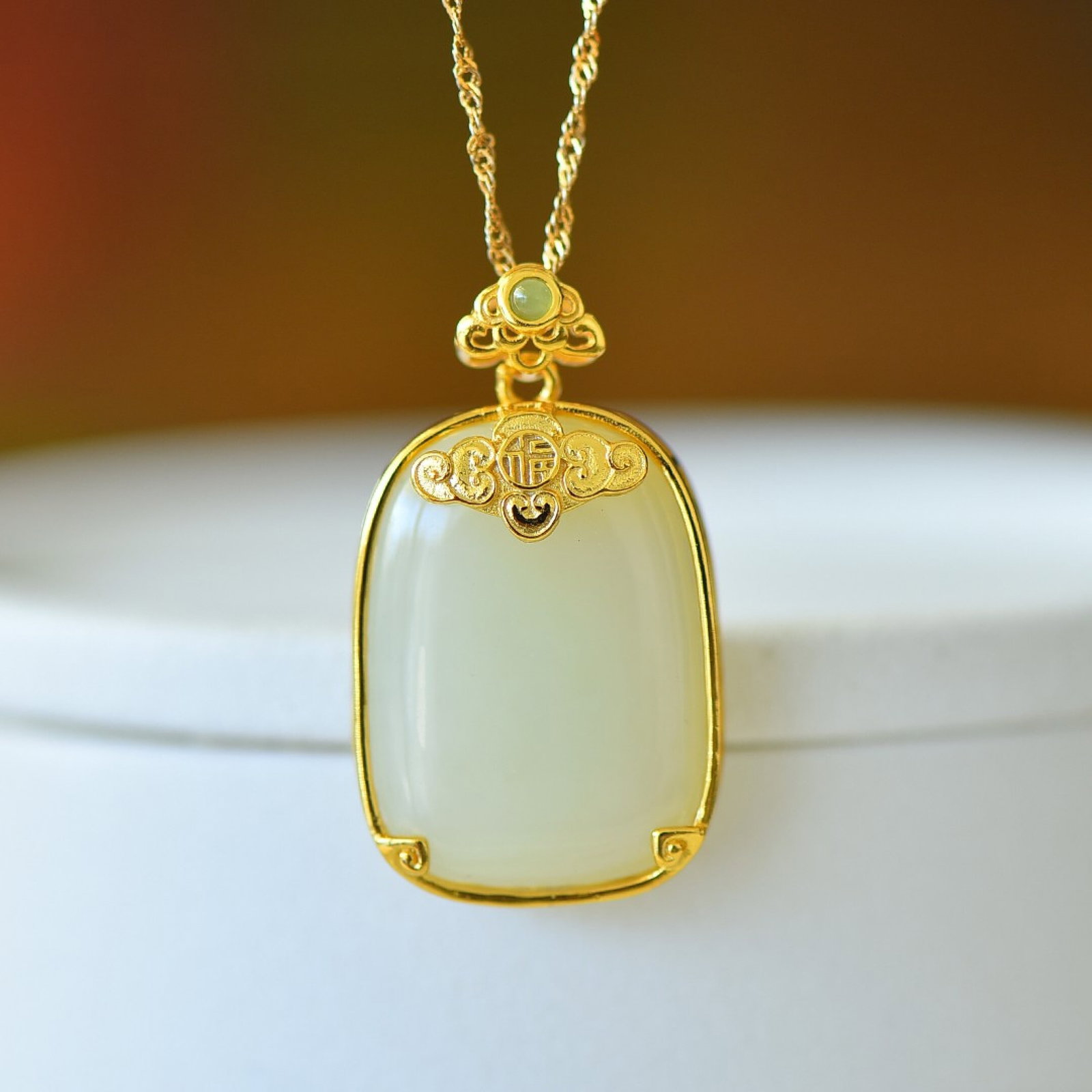 An Exquisite Sterling Silver-Gold Plated Inlaid White Jade Pendant - 2