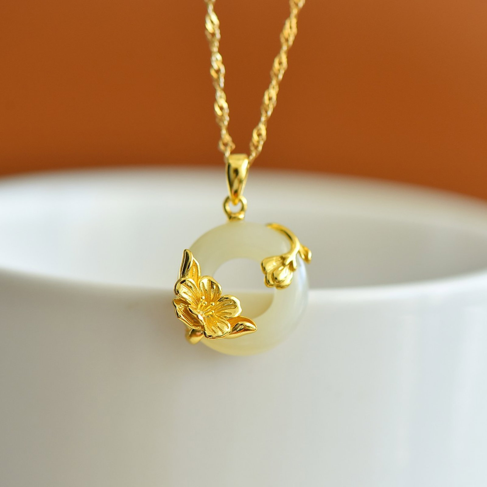 An Exquisite Sterling Silver-Gold Plated Inlaid White Jade Pendant - 3