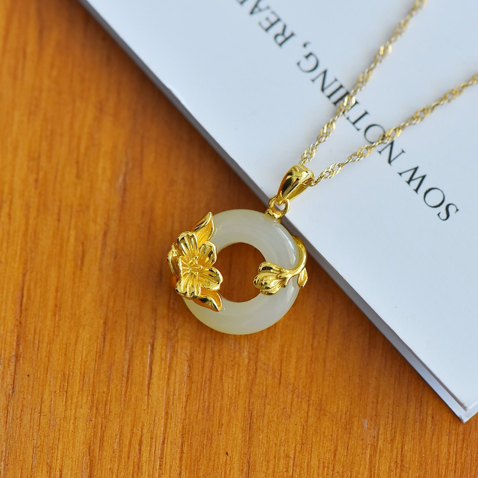 An Exquisite Sterling Silver-Gold Plated Inlaid White Jade Pendant - 4
