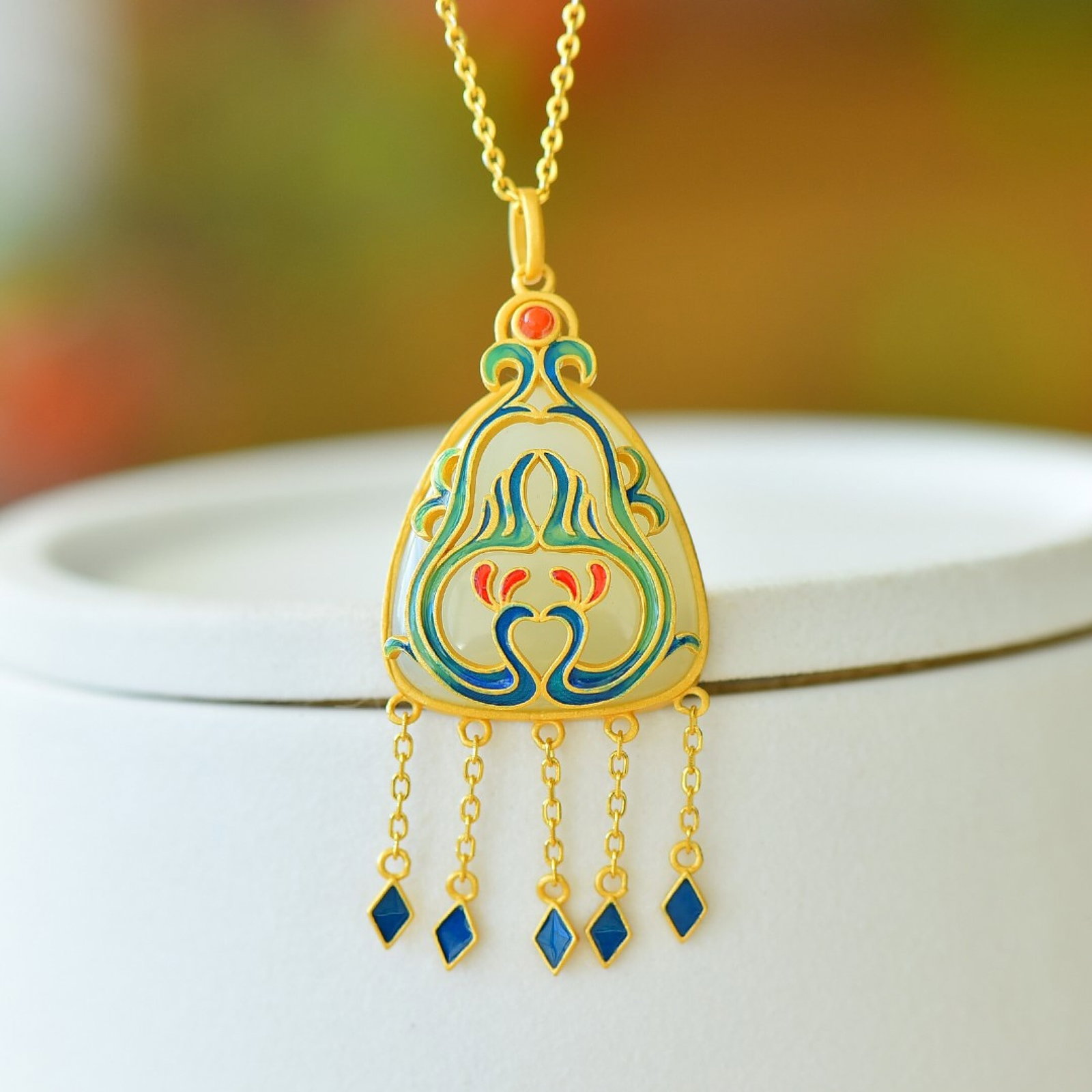 An Exquisite Sterling Silver-Gold Plated Inlaid White Jade Enamel Pendant - 2