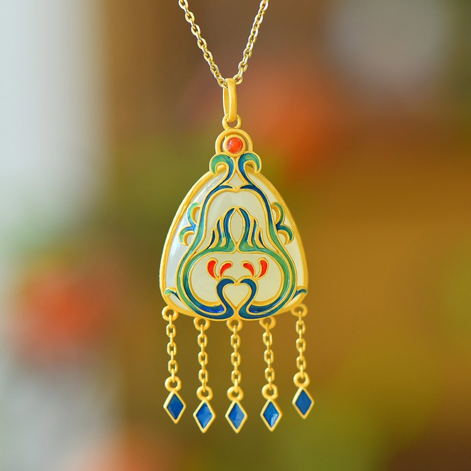 An Exquisite Sterling Silver-Gold Plated Inlaid White Jade Enamel Pendant - 3