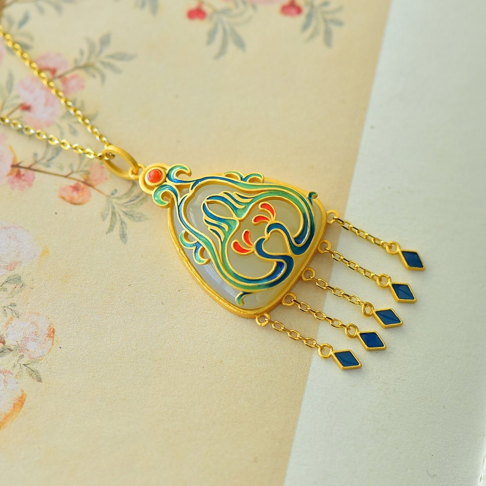 An Exquisite Sterling Silver-Gold Plated Inlaid White Jade Enamel Pendant - 4