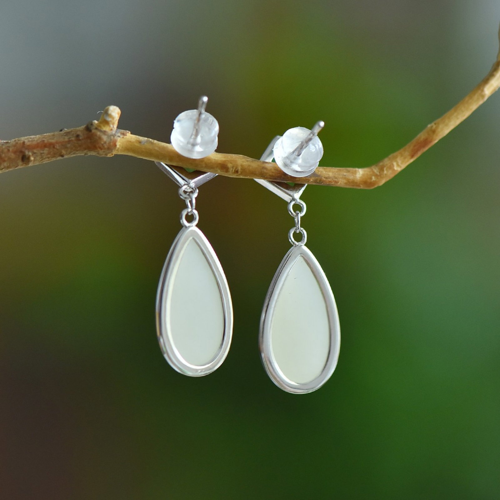 A Pair of Exquisite Sterling Silver Inlaid White Jade Earrings,Inlaid Jaspers - 5