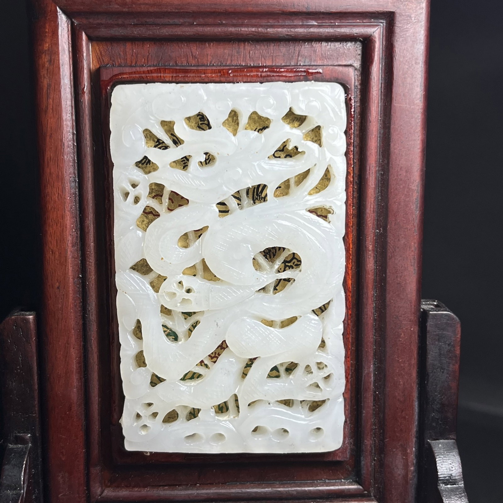 An Exquisite Redwood Inlaid White Jade Pine,Crane Dragon Pattern Table Screen - 2