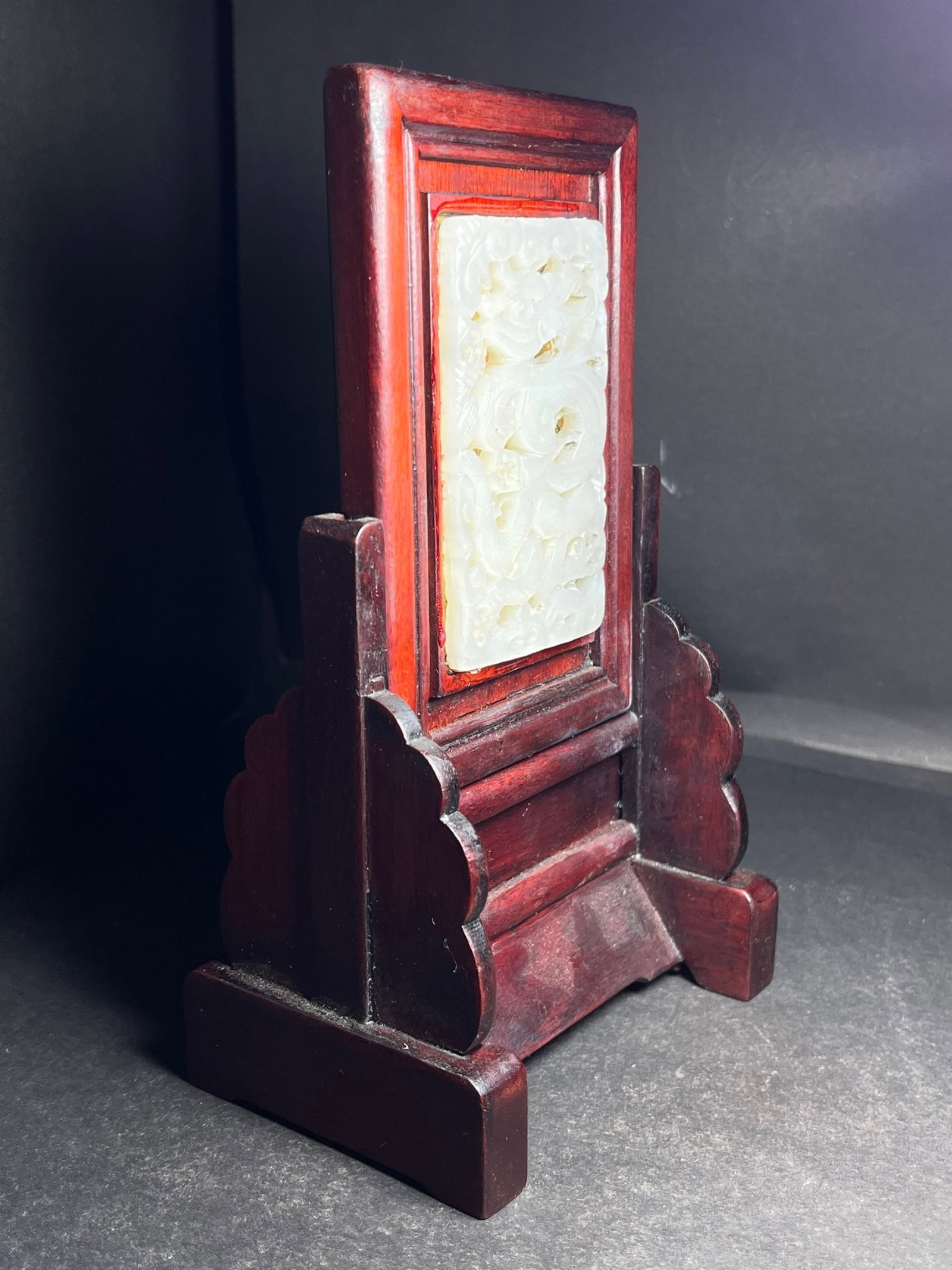 An Exquisite Redwood Inlaid White Jade Pine,Crane Dragon Pattern Table Screen - 3