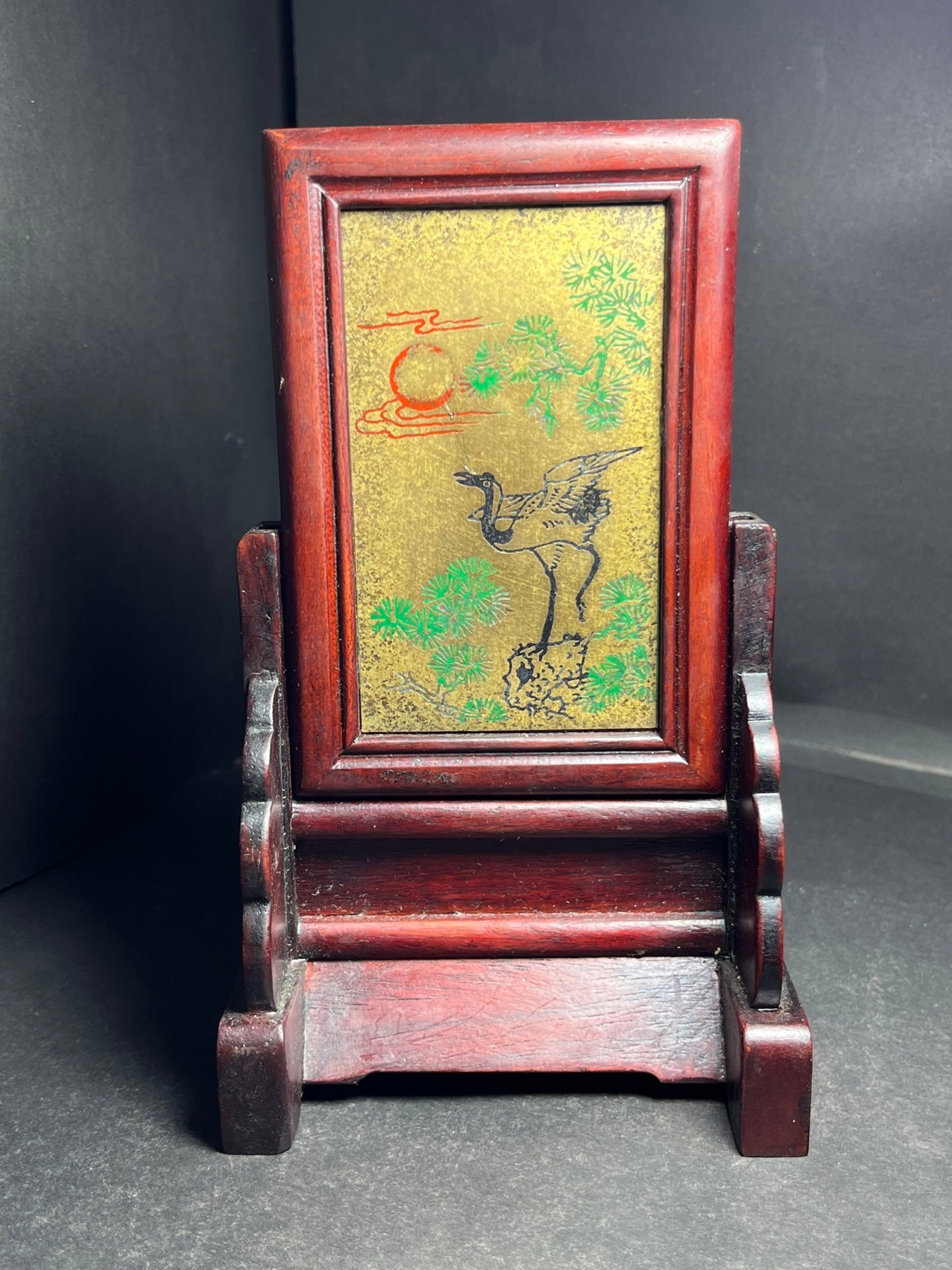 An Exquisite Redwood Inlaid White Jade Pine,Crane Dragon Pattern Table Screen - 5