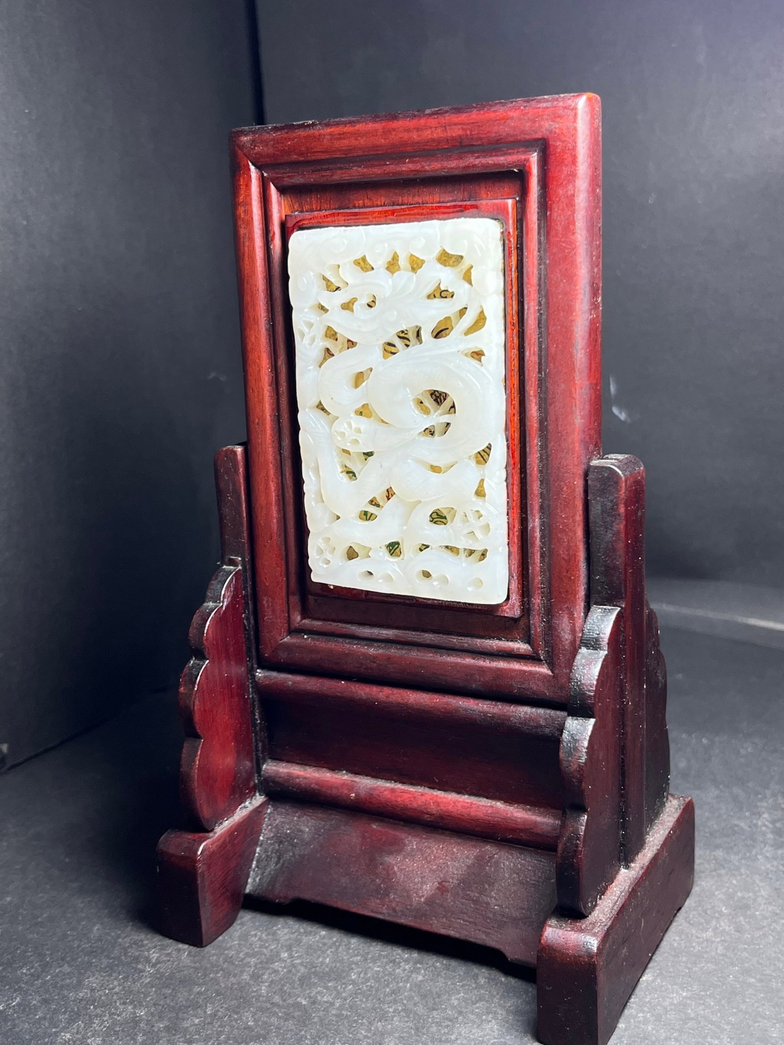 An Exquisite Redwood Inlaid White Jade Pine,Crane Dragon Pattern Table Screen - 7