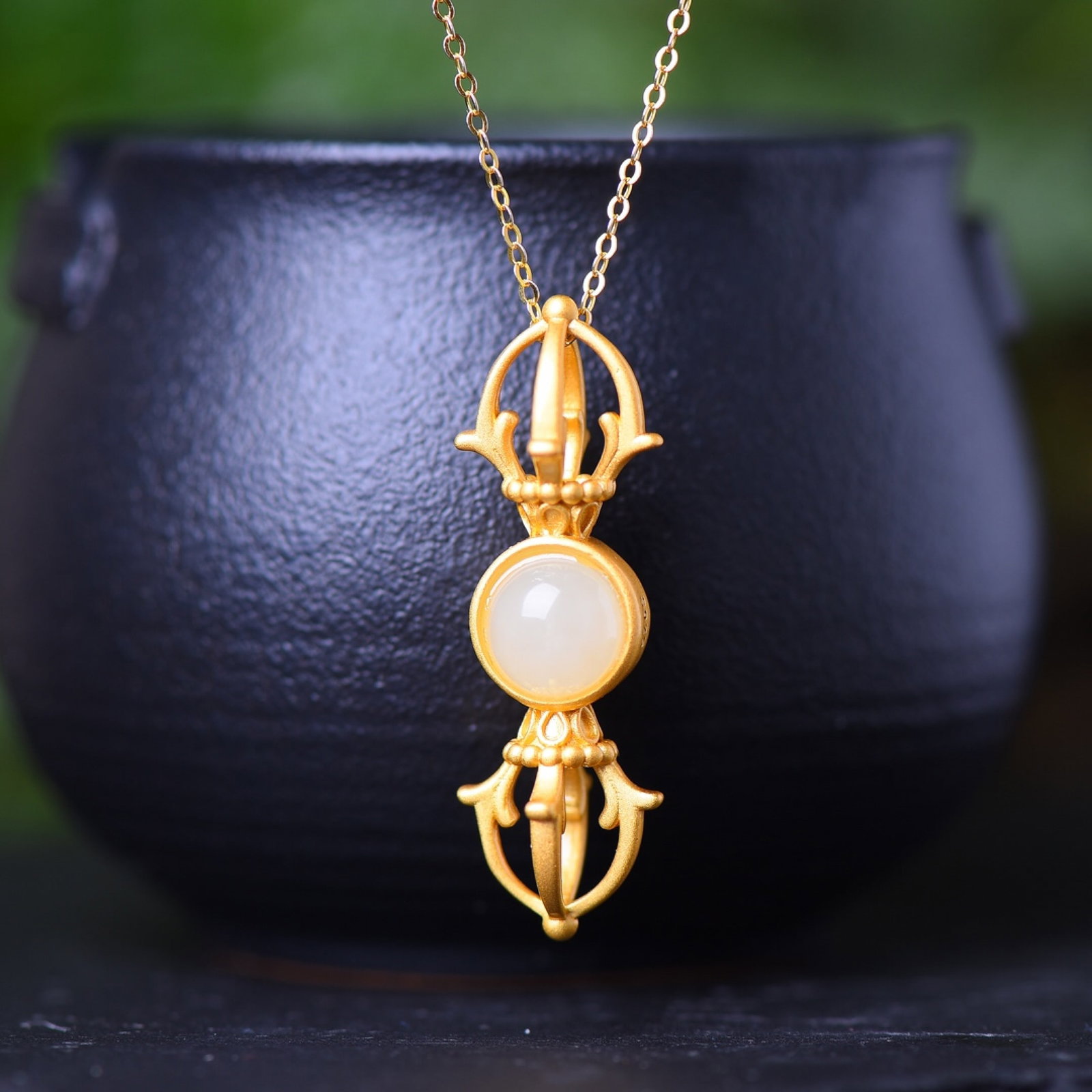 An Exquisite Sterling Silver-Gold Plated Inlaid White Jade Pendant - 2