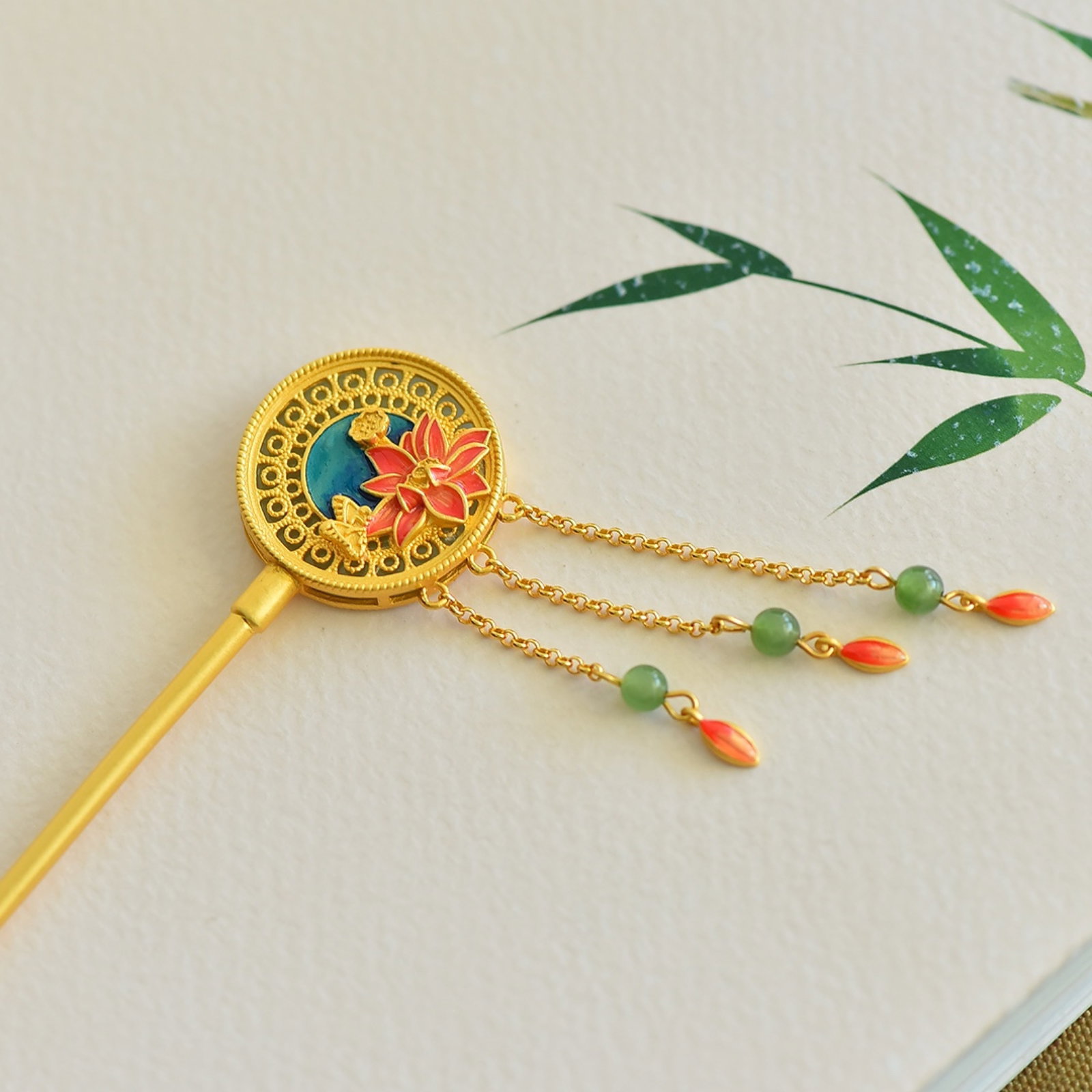 An Exquisite Sterling Silver-Gold Plated Inlaid White Jade Hairpin - 2