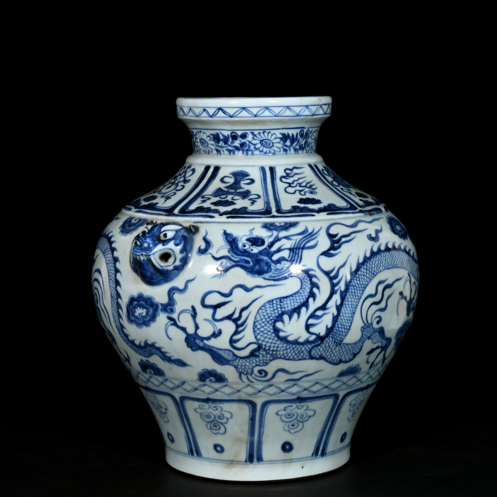 A Rare Blue and White Auspicious Cloud and Dragon Pattern Beast-Ears Jar - 2