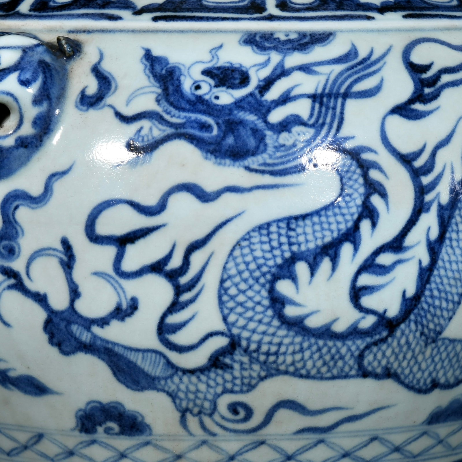 A Rare Blue and White Auspicious Cloud and Dragon Pattern Beast-Ears Jar - 3