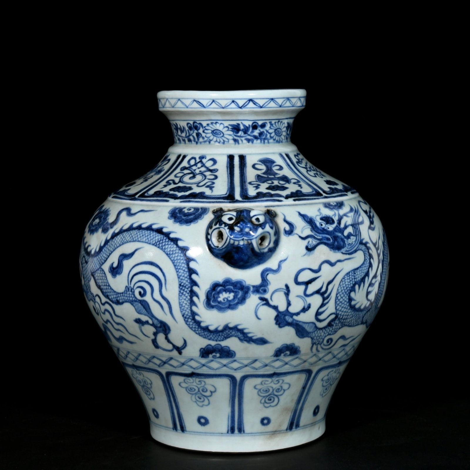 A Rare Blue and White Auspicious Cloud and Dragon Pattern Beast-Ears Jar - 4
