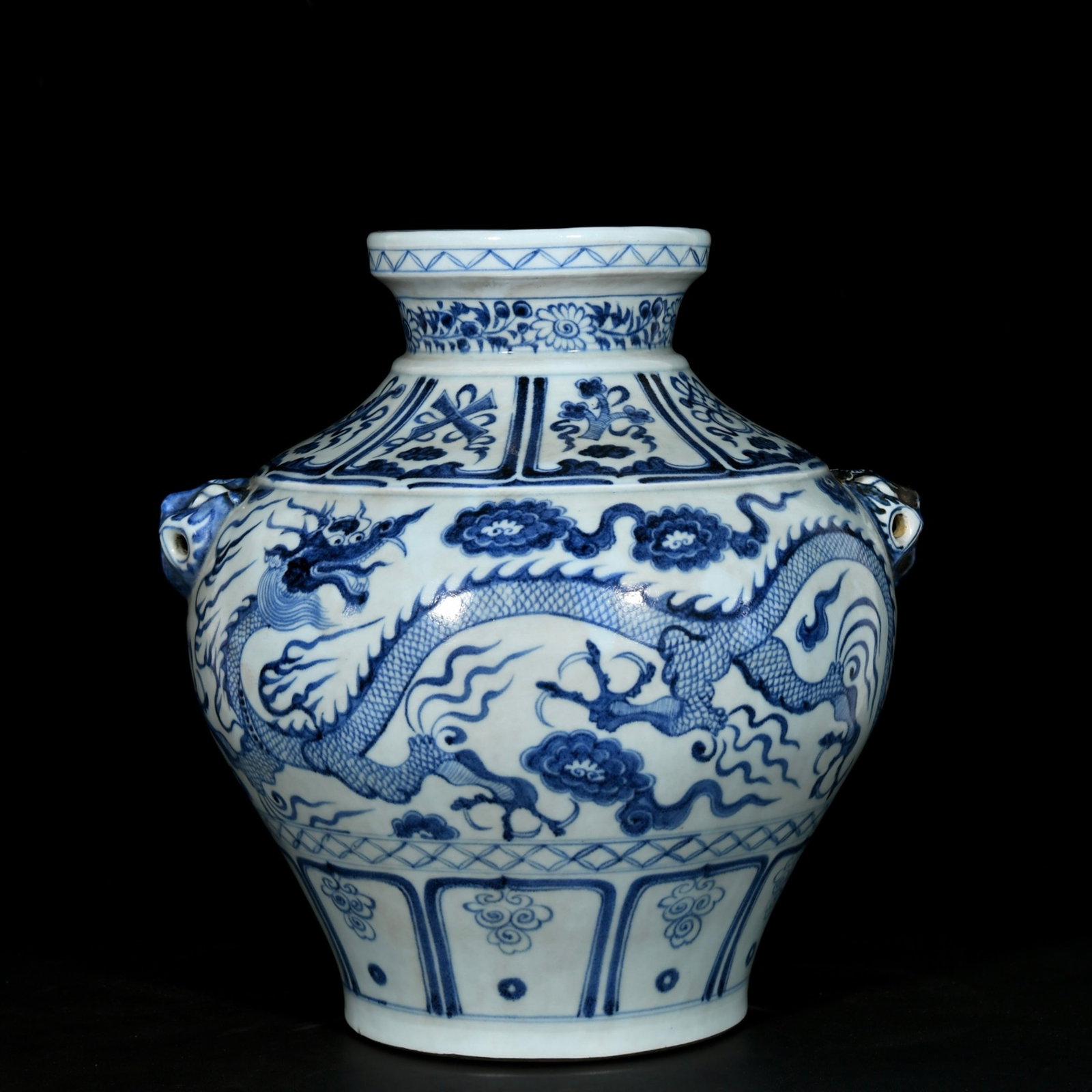 A Rare Blue and White Auspicious Cloud and Dragon Pattern Beast-Ears Jar - 5
