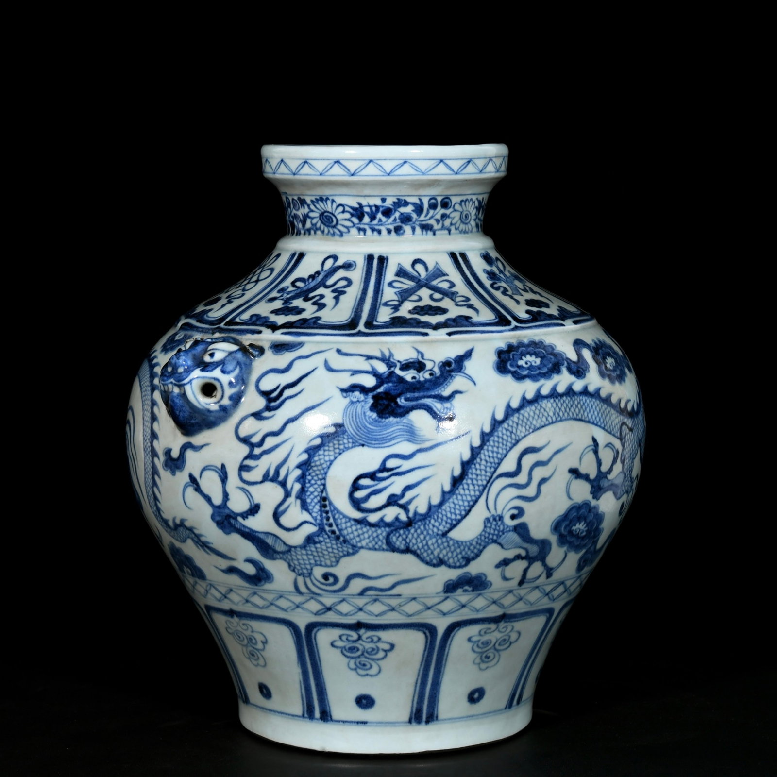 A Rare Blue and White Auspicious Cloud and Dragon Pattern Beast-Ears Jar - 6