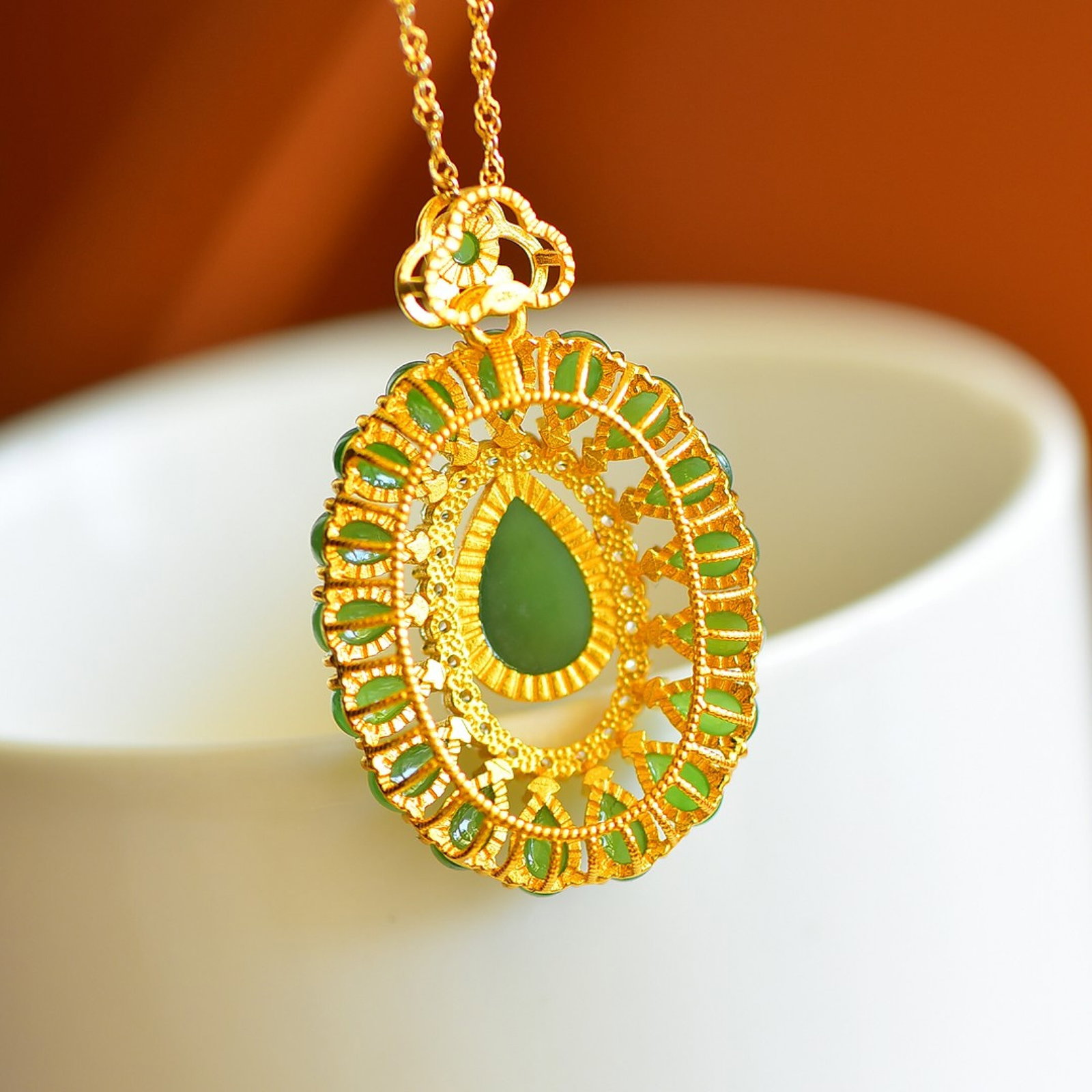 An Exquisite Sterling Silver-Gold Plated Inlaid Jasper Pendant,Inlaid Diamonds - 2