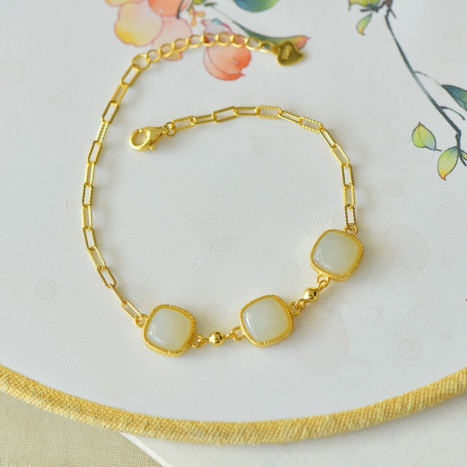 A Set of Fine Sterling Silver-Gold Plated Inlaid White Jade Jewelrys - 4
