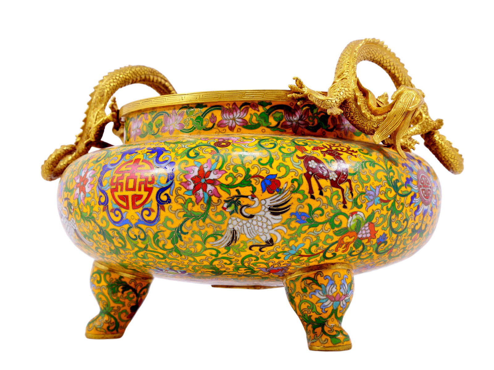 An Exquisite Cloisonne 'Scrolling Lotus& Crane' Dragon-Handled Tripod Censer - 2