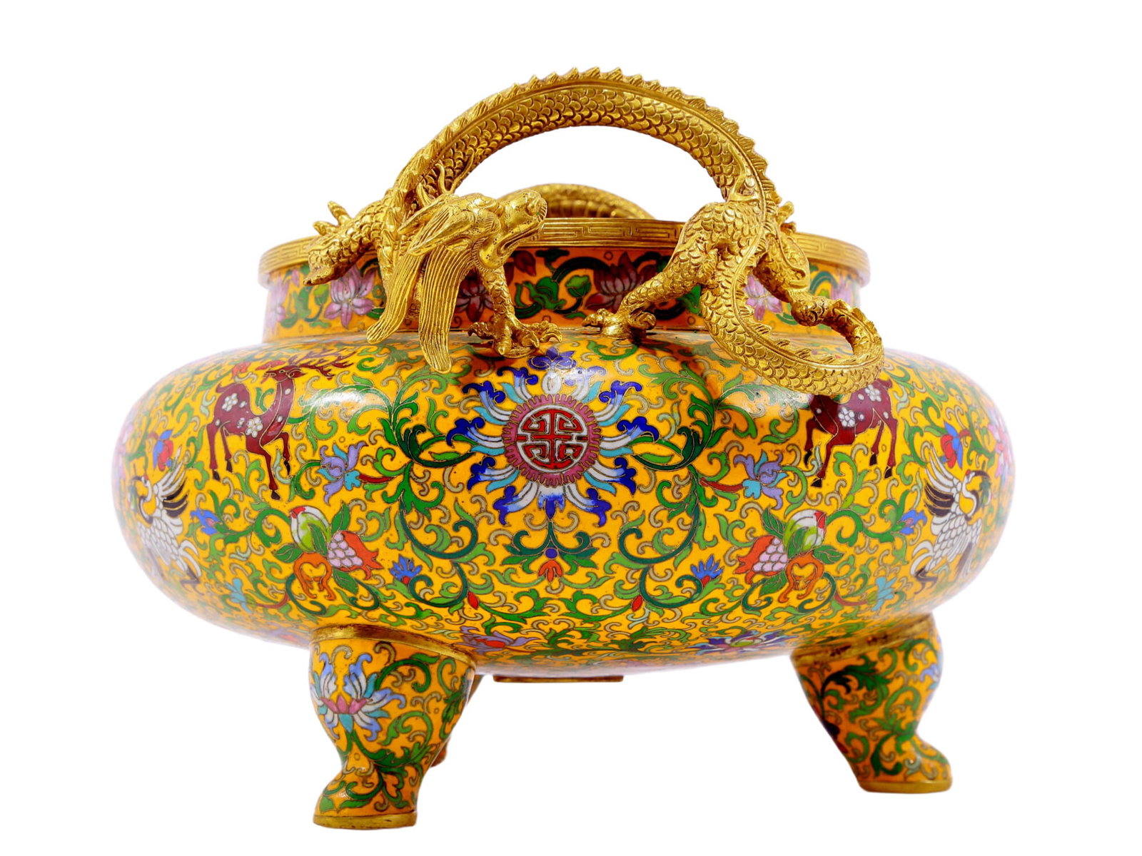 An Exquisite Cloisonne 'Scrolling Lotus& Crane' Dragon-Handled Tripod Censer - 3