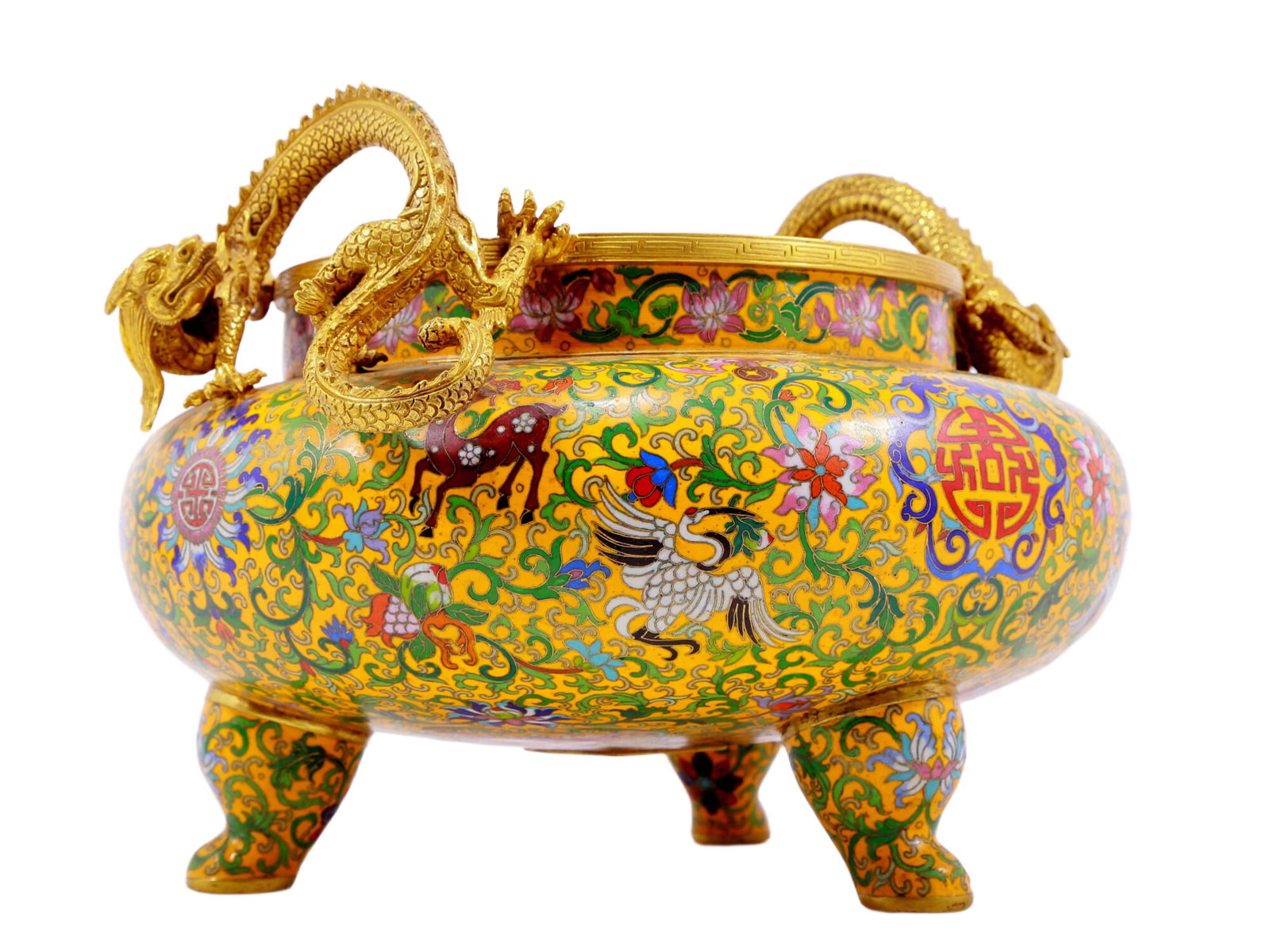 An Exquisite Cloisonne 'Scrolling Lotus& Crane' Dragon-Handled Tripod Censer - 4