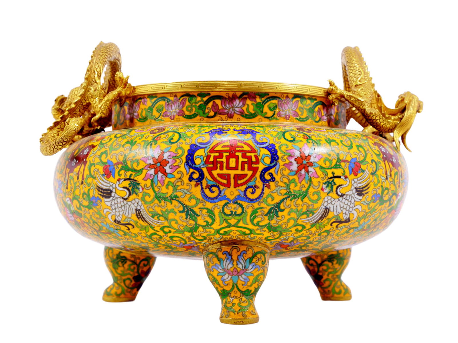 An Exquisite Cloisonne 'Scrolling Lotus& Crane' Dragon-Handled Tripod Censer - 5