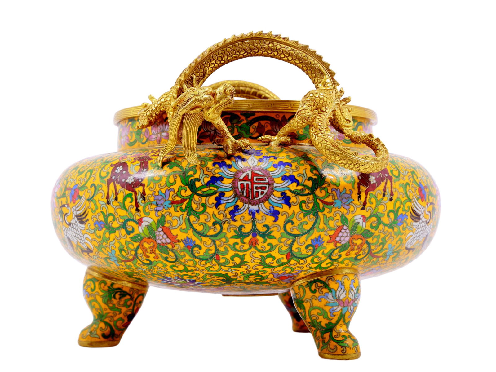 An Exquisite Cloisonne 'Scrolling Lotus& Crane' Dragon-Handled Tripod Censer - 6