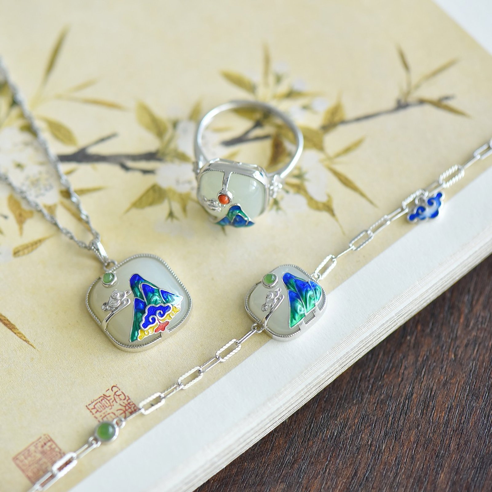 A Set of Fine Sterling Silver Inlaid White Jade Jewelries - 4