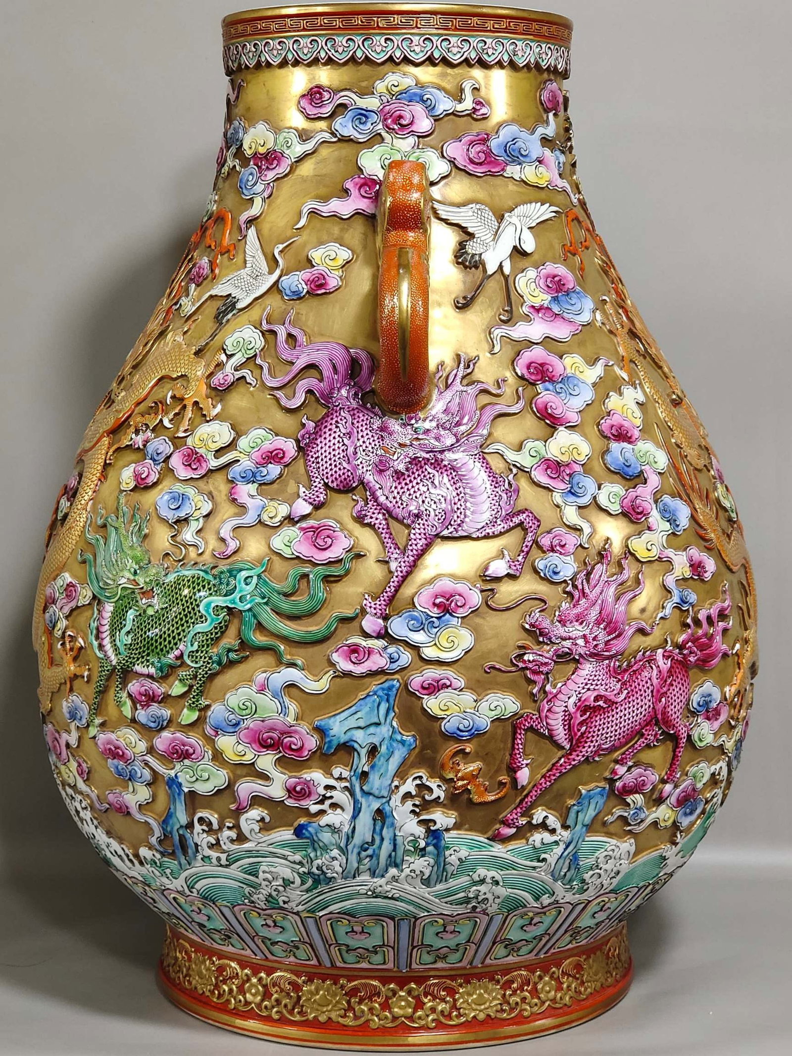 A Huge Gold Ground Famille-Rose Kylin Auspicious Cloud and Dragon Pattern Double-Ears Vase - 2