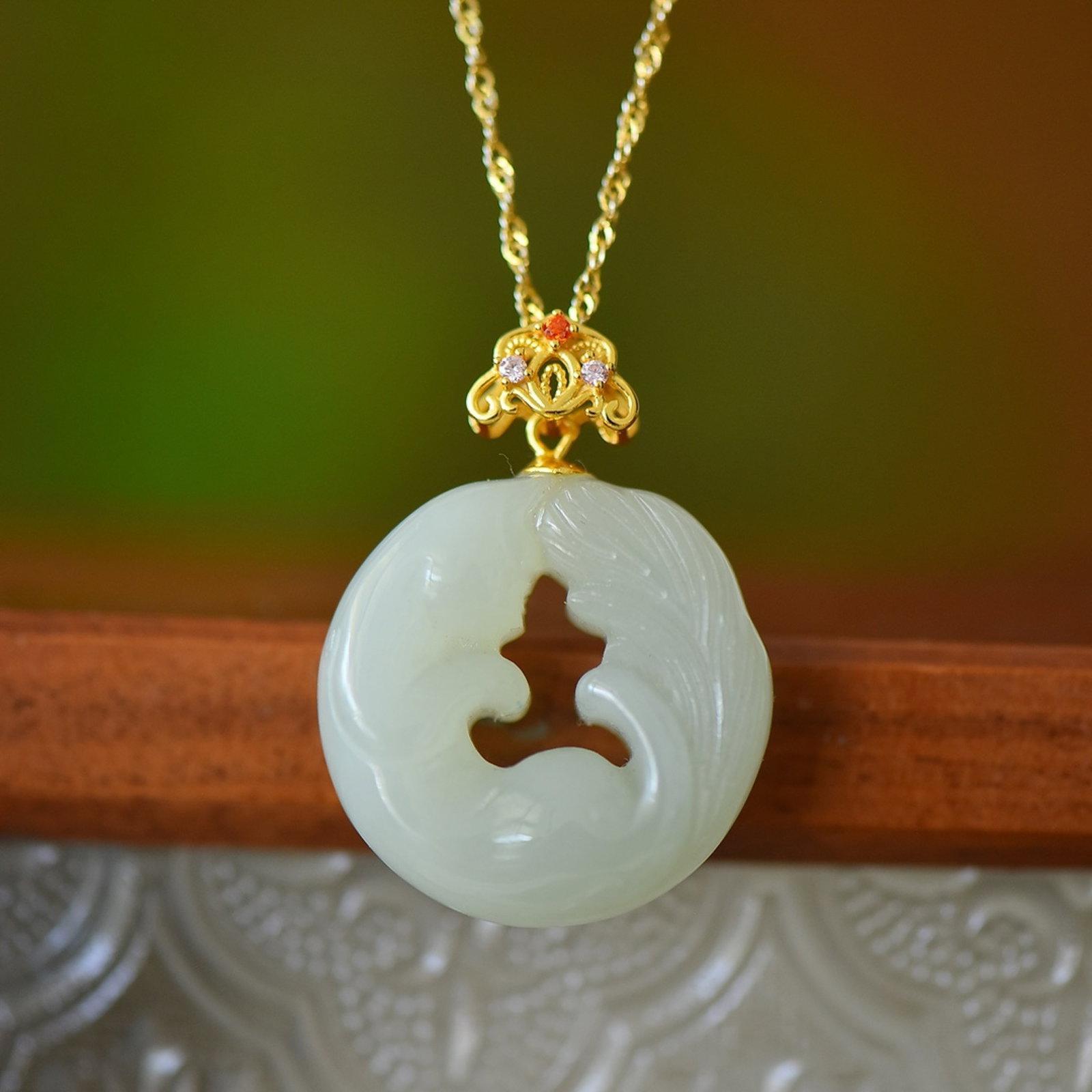 An Exquisite Sterling Silver-Gold Plated Inlaid White Jade Pendant,Inlaid Gems - 2