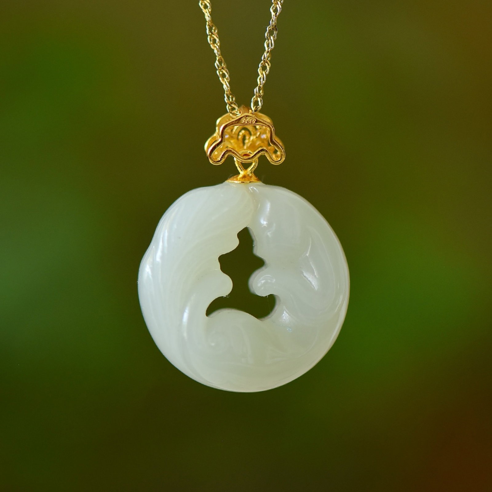 An Exquisite Sterling Silver-Gold Plated Inlaid White Jade Pendant,Inlaid Gems - 5