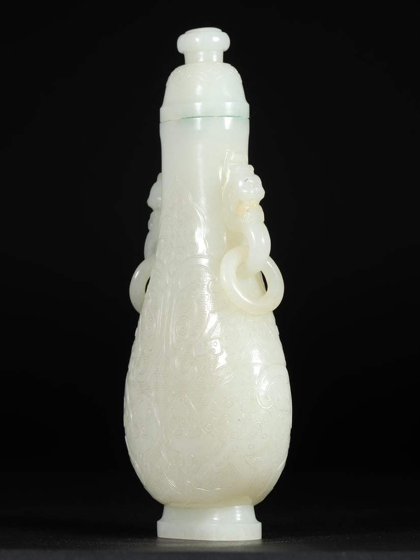 An Exquisite White Jade Chi-Dragon Pattern Phoenix-Ears Bottle - 3