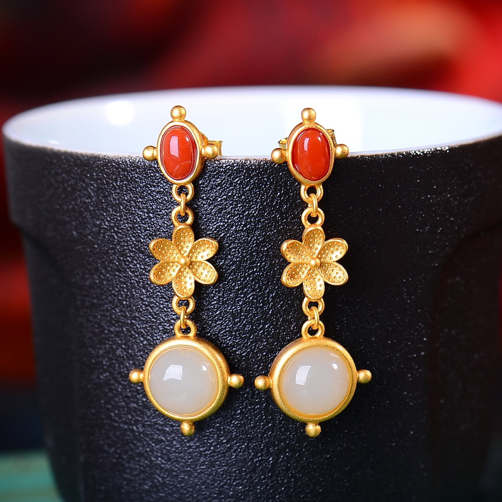 A Pair of Exquisite Sterling Silver-Gold Plated Inlaid White Jade Earrings,Inlaid Gems - 2