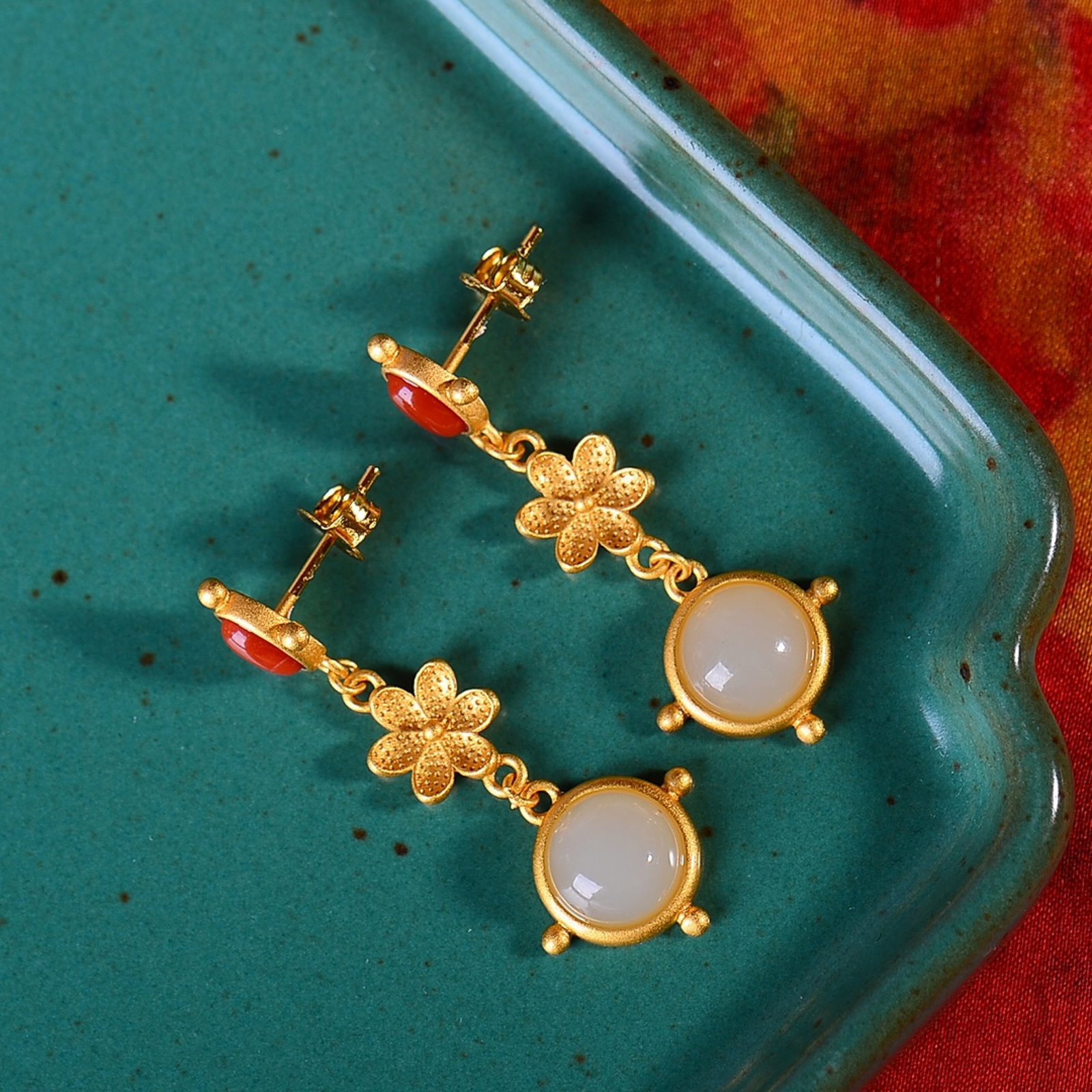 A Pair of Exquisite Sterling Silver-Gold Plated Inlaid White Jade Earrings,Inlaid Gems - 4