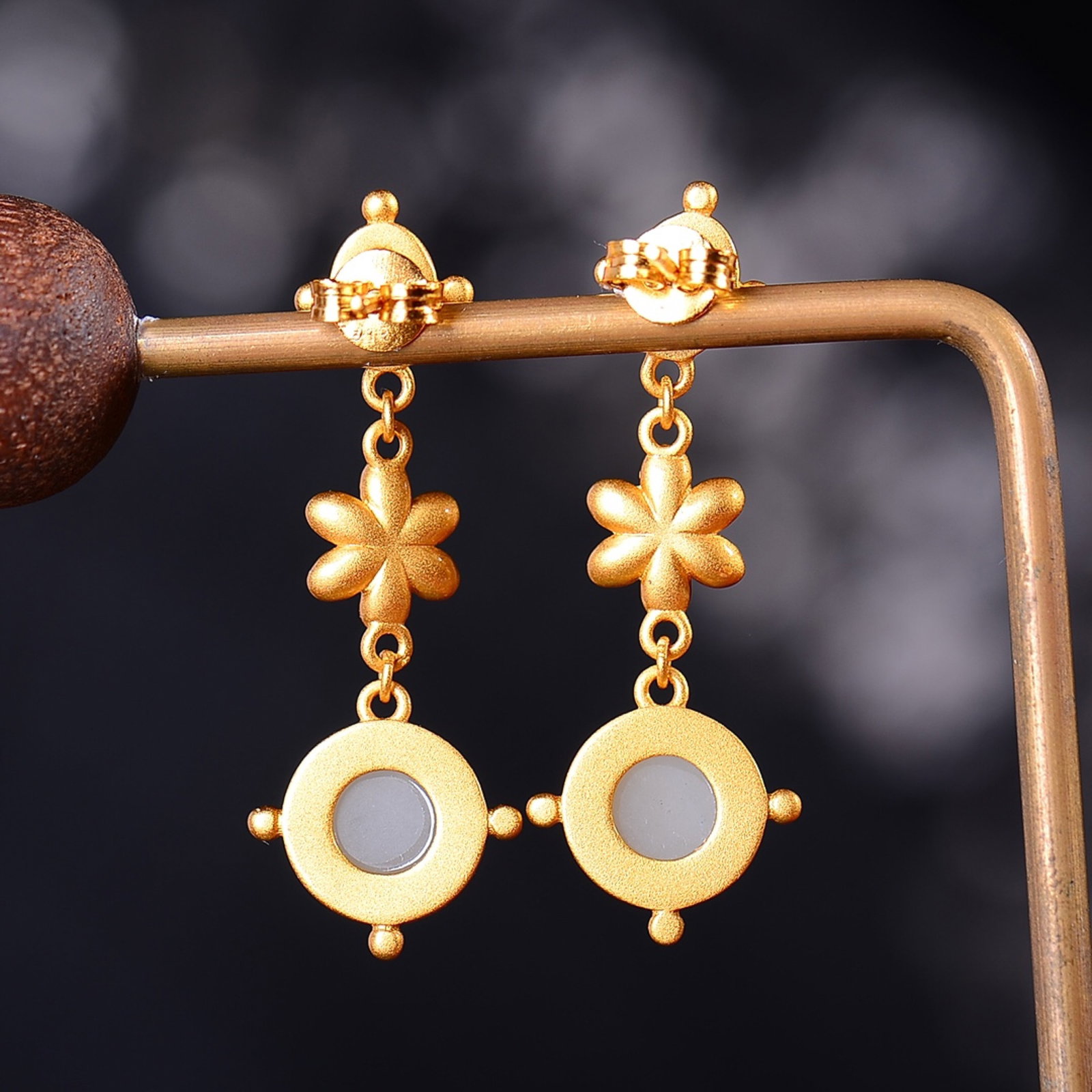 A Pair of Exquisite Sterling Silver-Gold Plated Inlaid White Jade Earrings,Inlaid Gems - 5