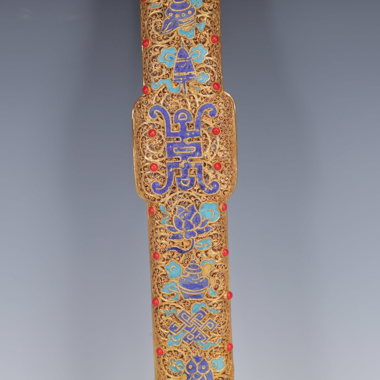 An Exquisite Filigree and Gilding Inlaid White Jade Flower Pattern Ruyi Ornament,Inlaid Gems - 10