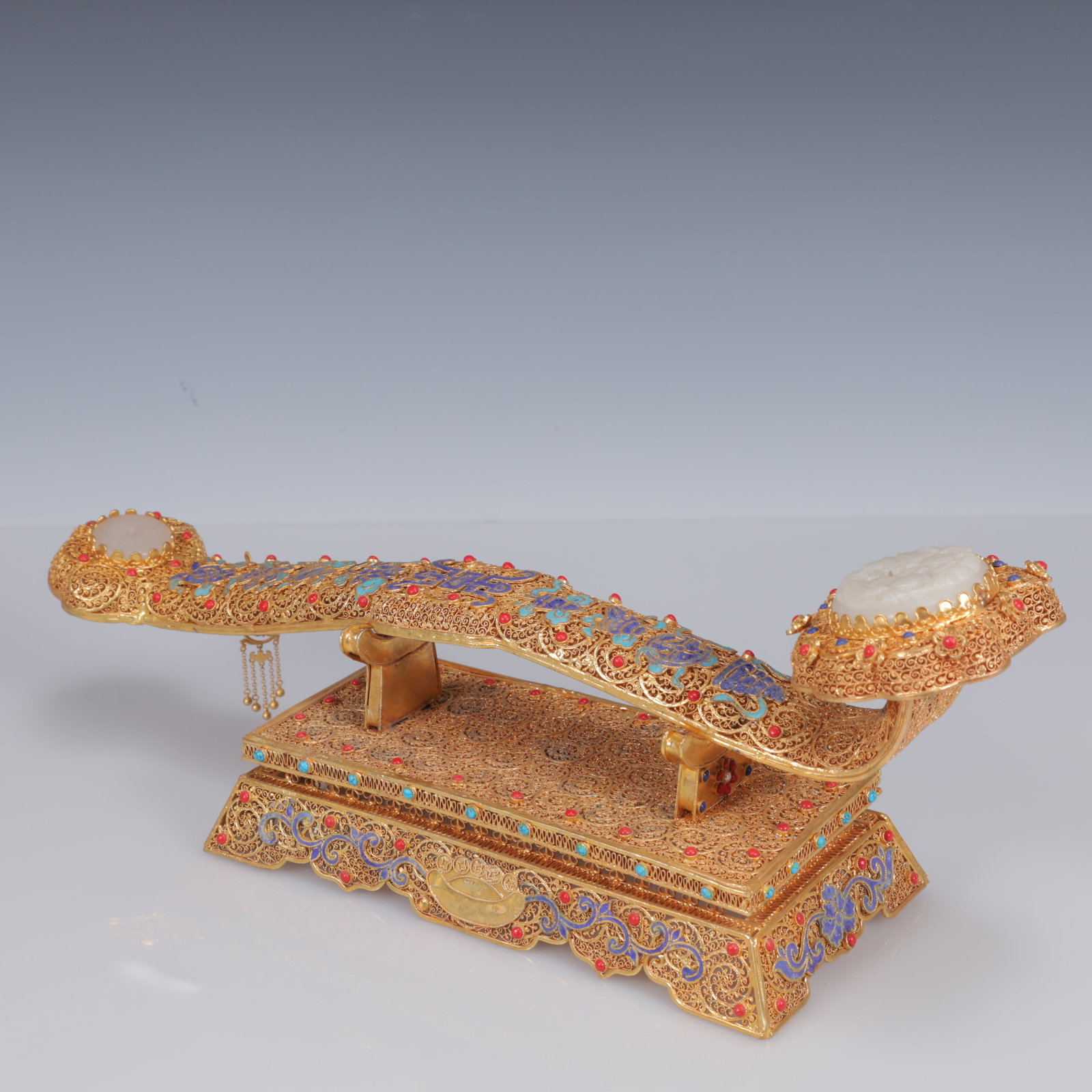 An Exquisite Filigree and Gilding Inlaid White Jade Flower Pattern Ruyi Ornament,Inlaid Gems - 5