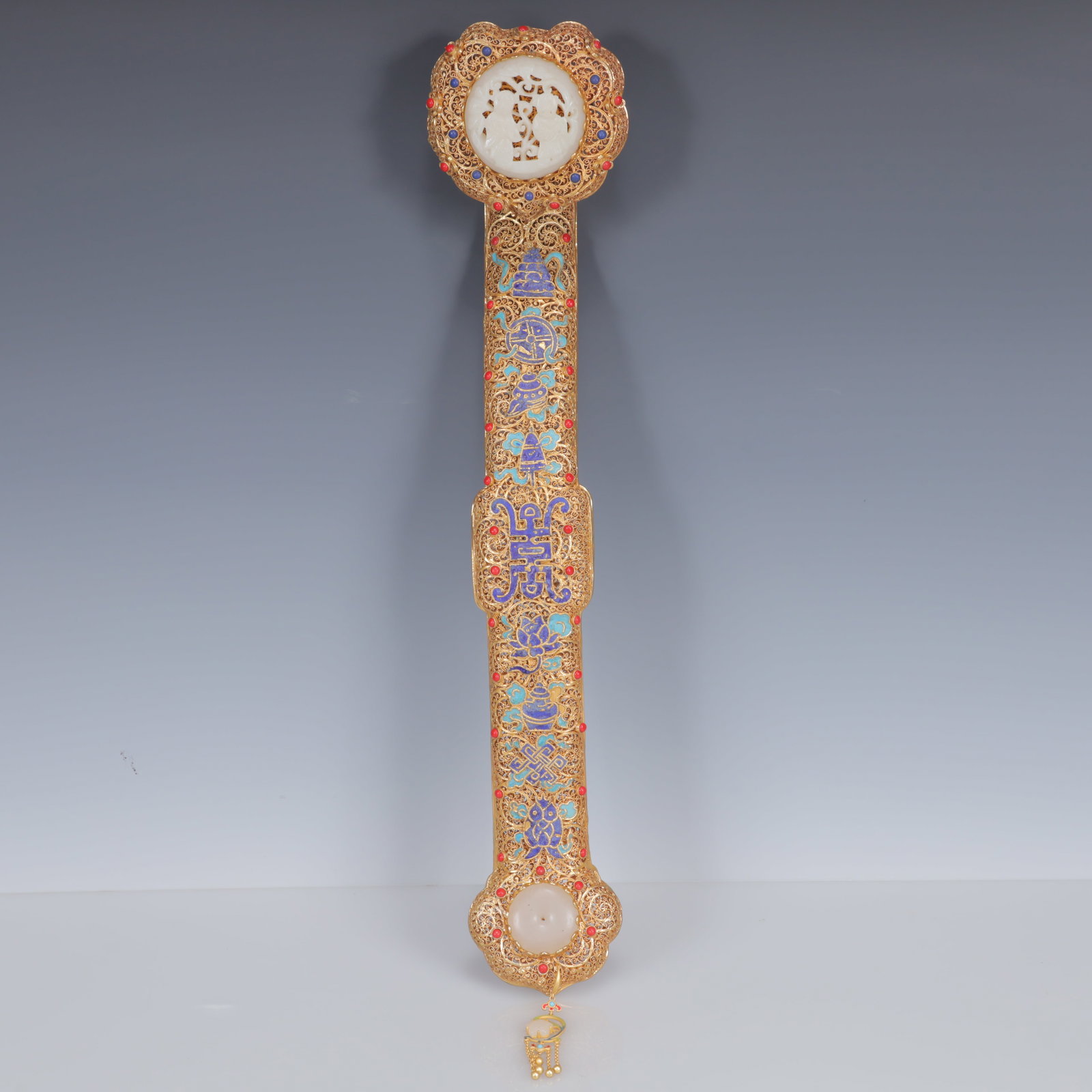 An Exquisite Filigree and Gilding Inlaid White Jade Flower Pattern Ruyi Ornament,Inlaid Gems - 8